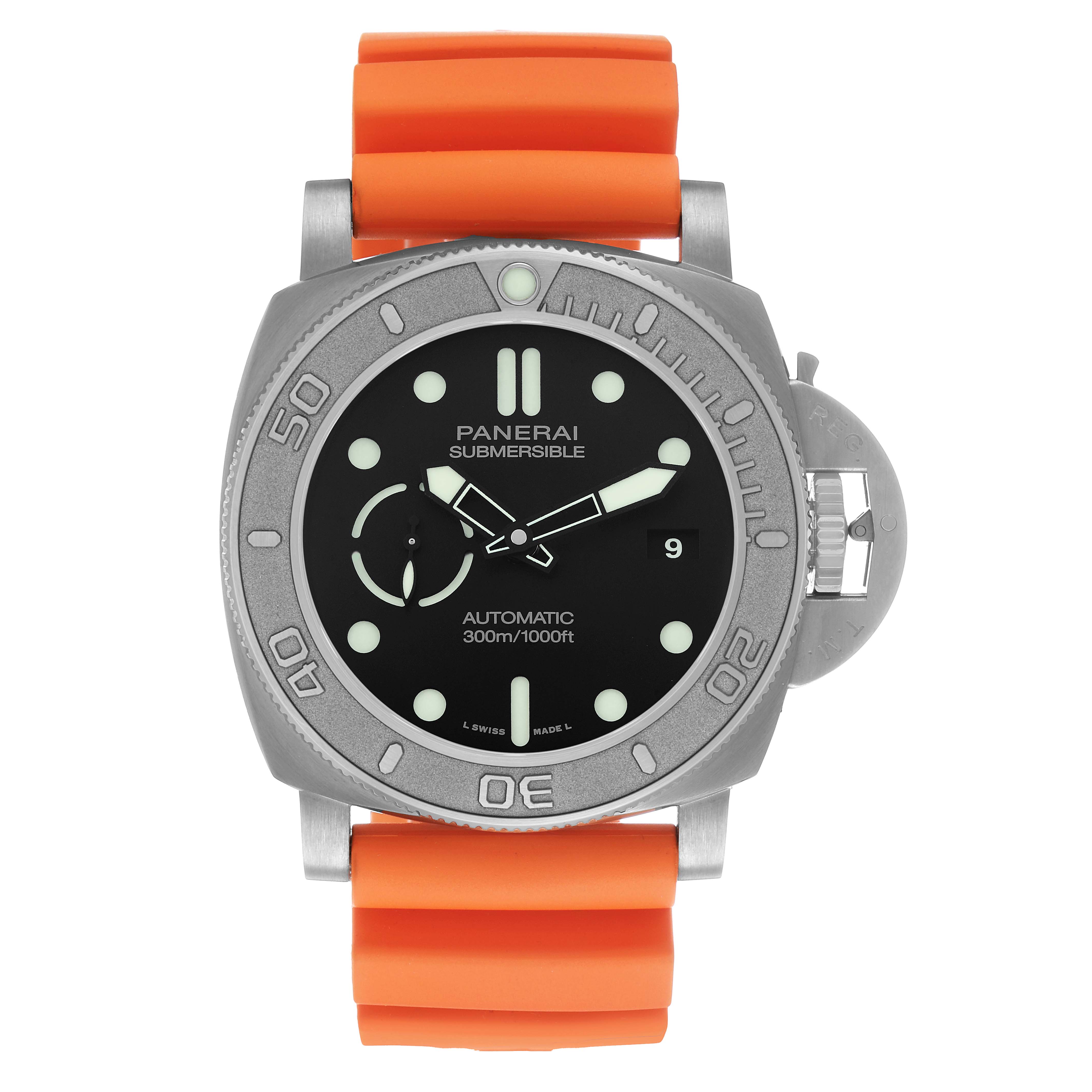 The Panerai Submersible PAM00984 Men's Titanium Black Dial watch is shown from a front angle, displaying the dial, bezel, and orange strap.
