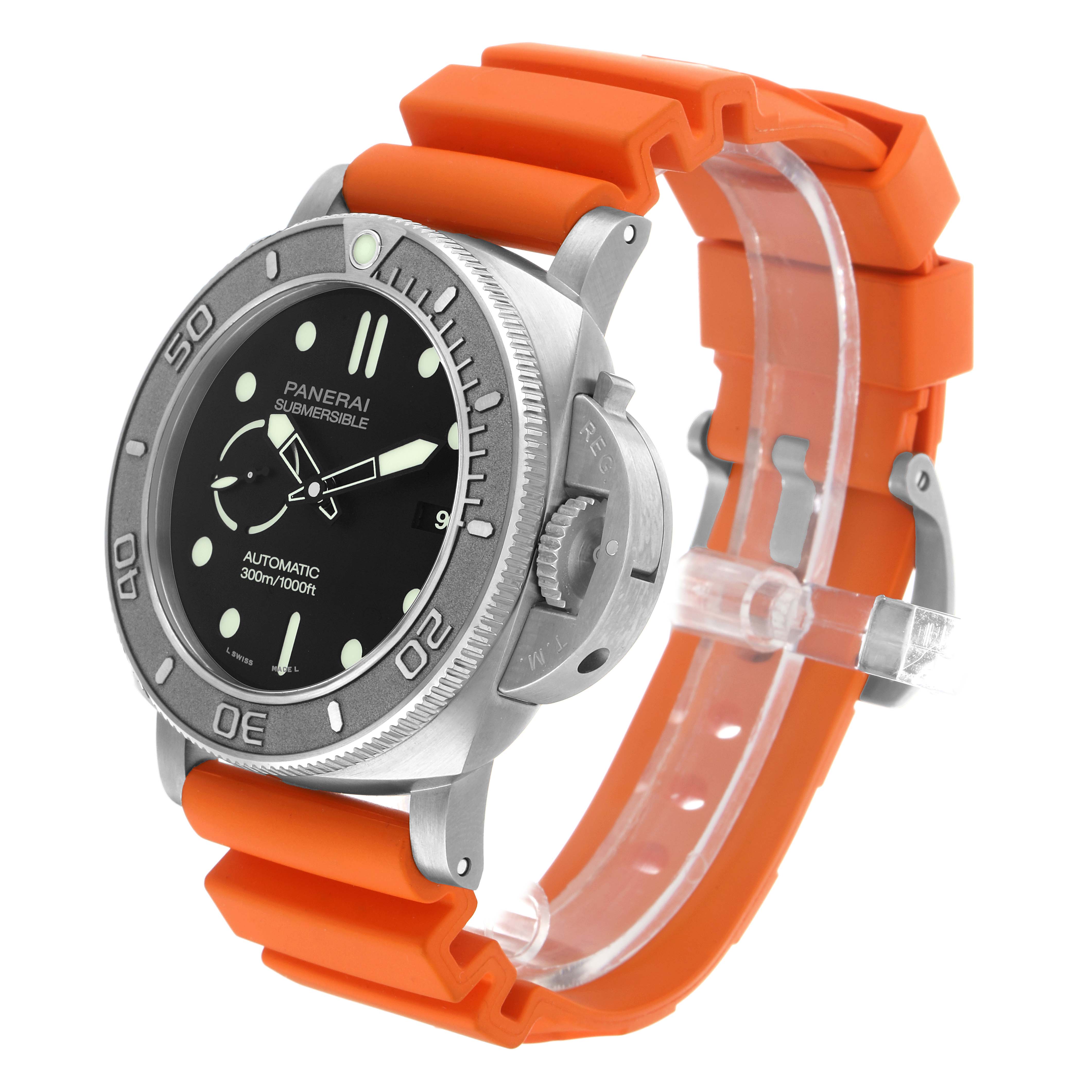 The Panerai Submersible PAM00984 Men's Titanium Black Dial watch is shown at a three-quarter angle, highlighting its orange strap, bezel, and crown guard.