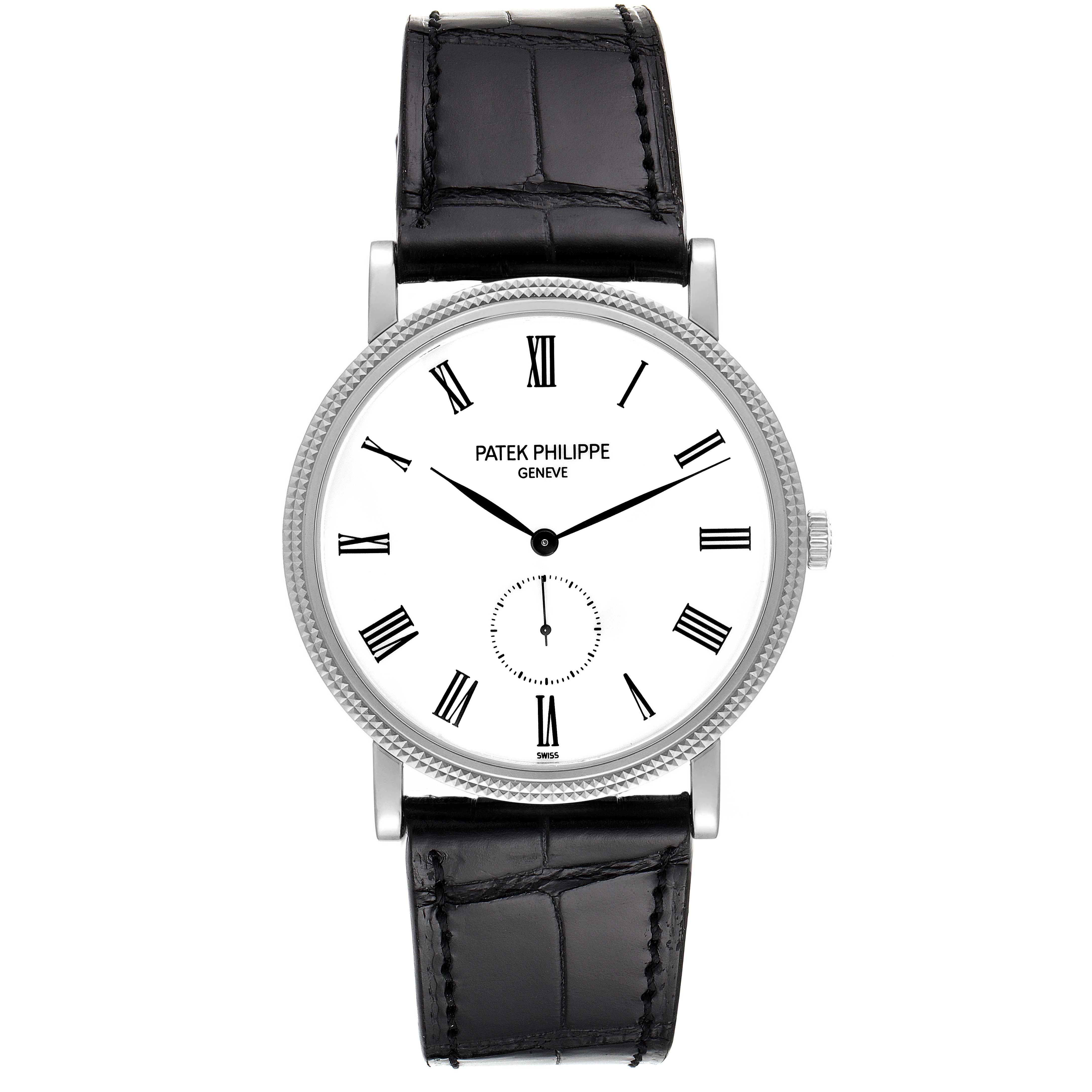 The image shows a front view of the Patek Philippe Calatrava 5119G Men
s White Gold White Dial 5119G Men
s White Gold White Dial watch with a white dial, Roman numerals, and a black leather strap.