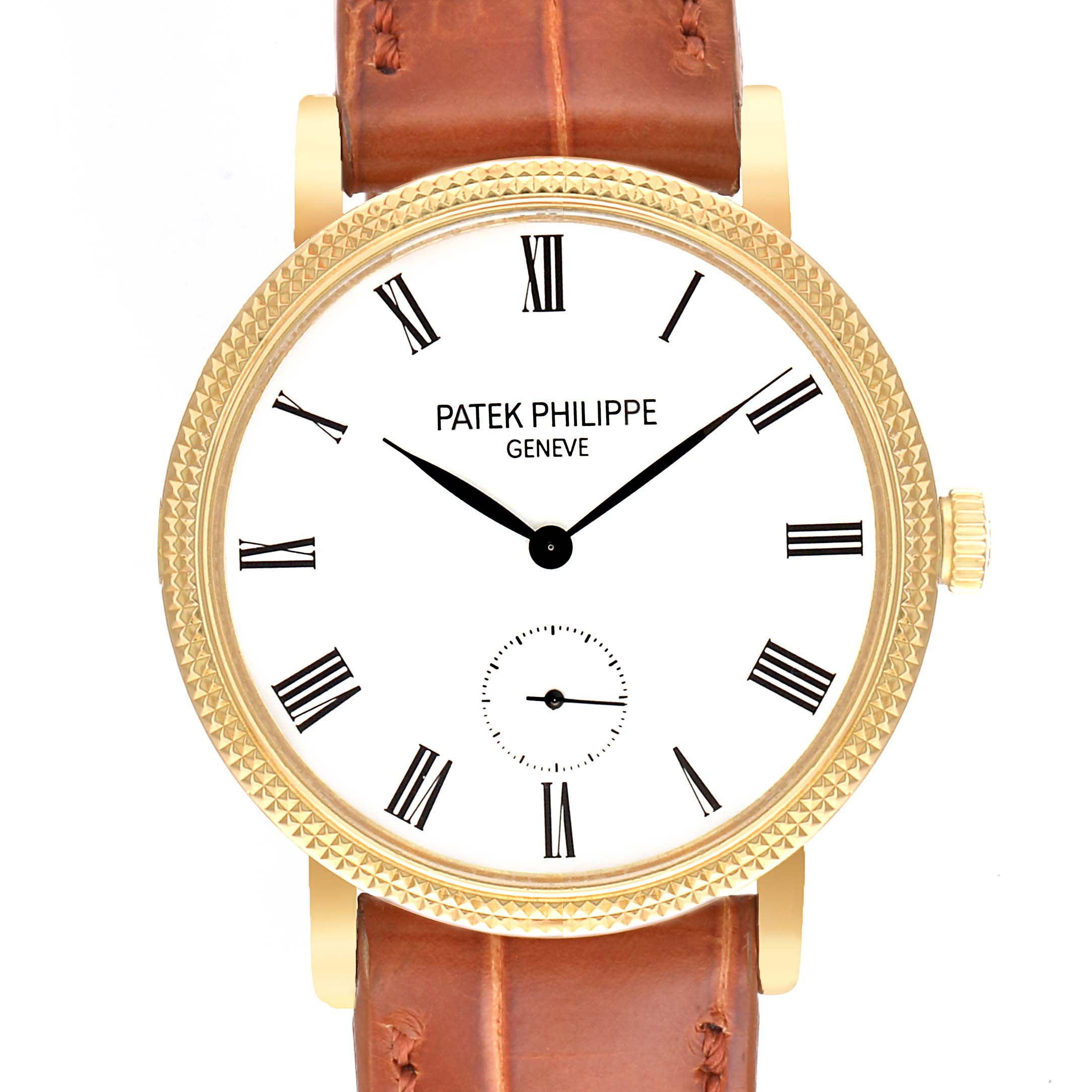 This image shows a front view of a Patek Philippe Calatrava 7119J Men's Yellow Gold White Dial 7119J Men's Yellow Gold White Dial watch, highlighting its dial, bezel, and leather strap.