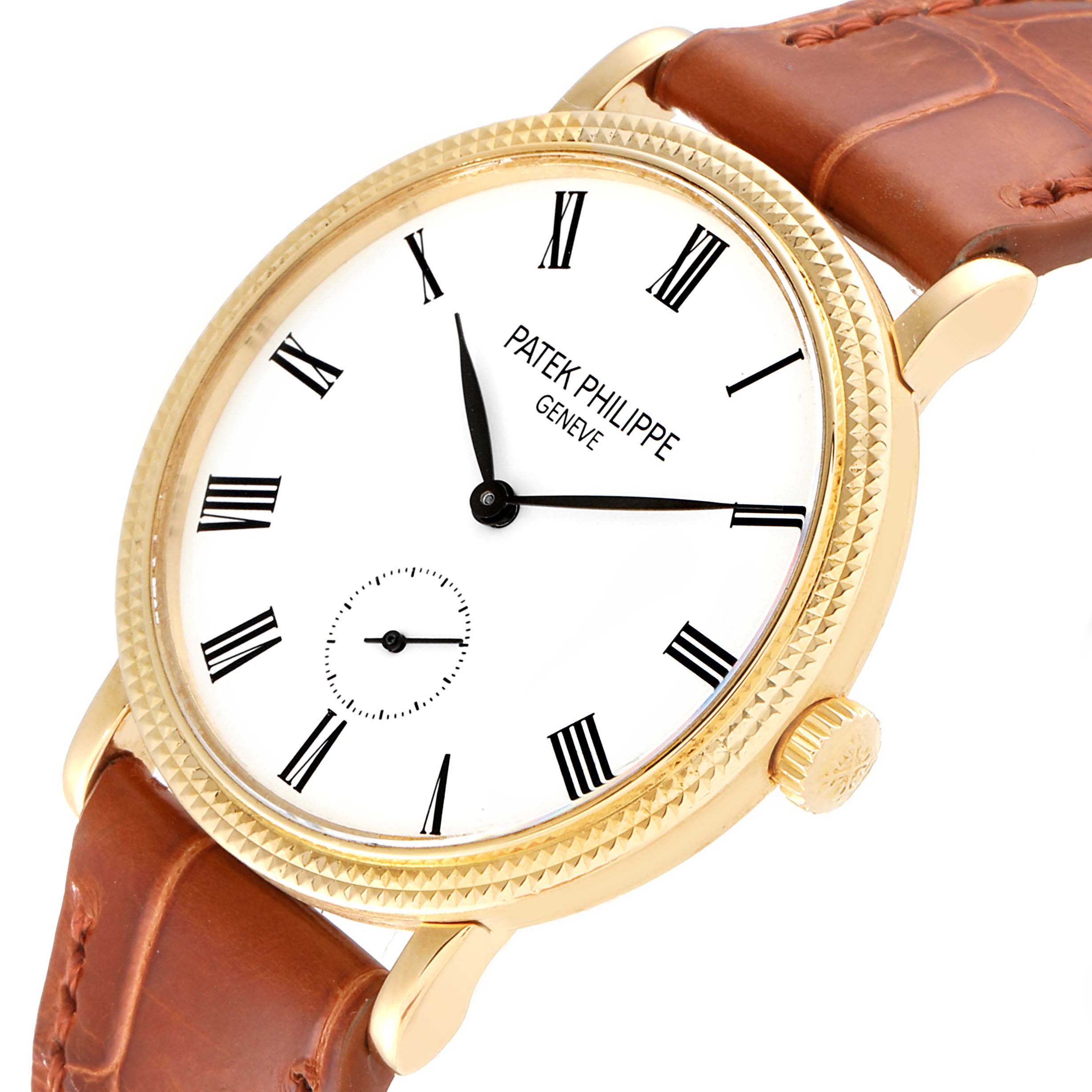 The image shows a Patek Philippe Calatrava 7119J Men's Yellow Gold White Dial 7119J Men's Yellow Gold White Dial watch at a 2 o'clock angle, featuring the dial, crown, bezel, and leather strap.
