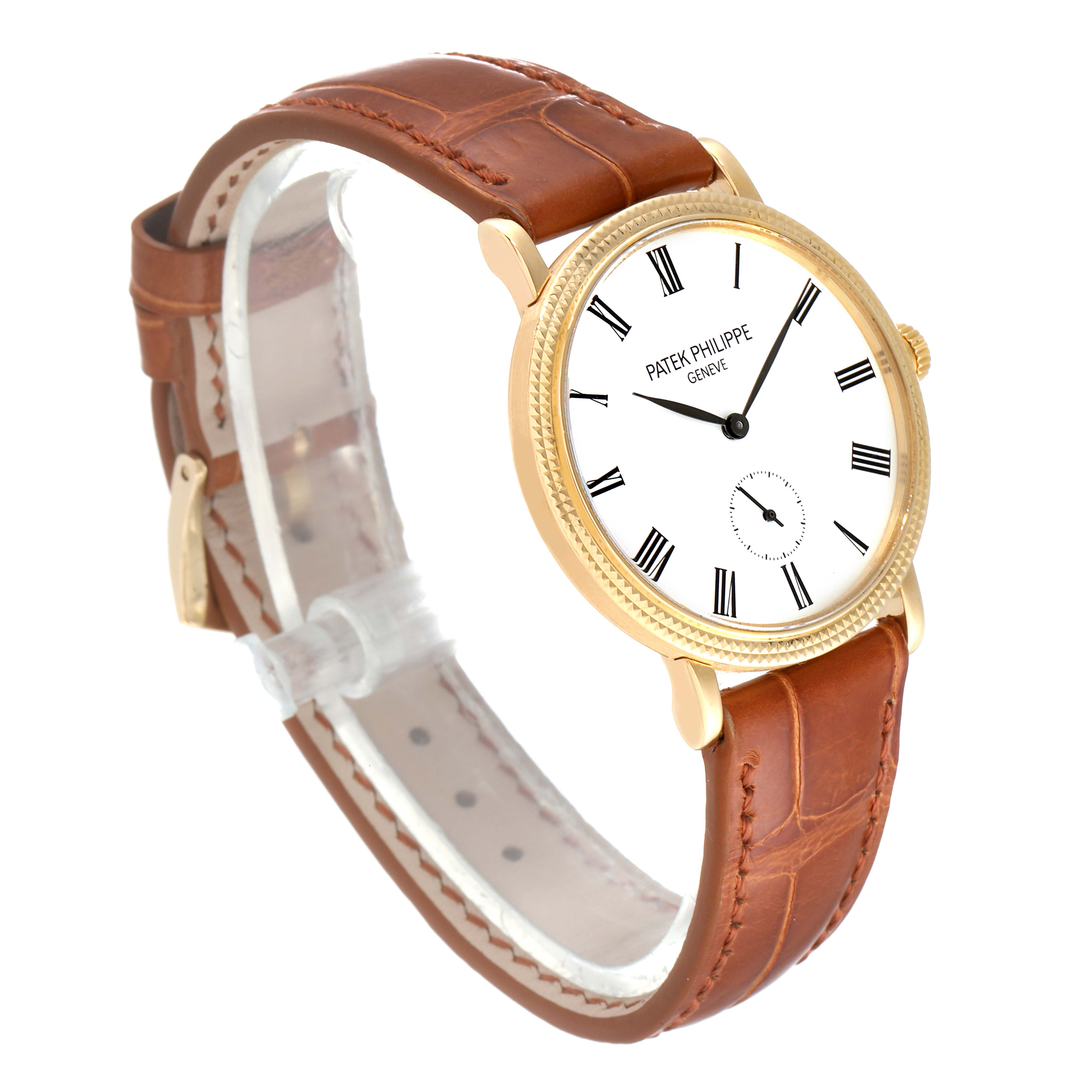The image shows a Patek Philippe Calatrava 7119J Men's Yellow Gold White Dial 7119J Men's Yellow Gold White Dial watch at a slight angle, featuring its white dial, Roman numerals, and brown leather strap.