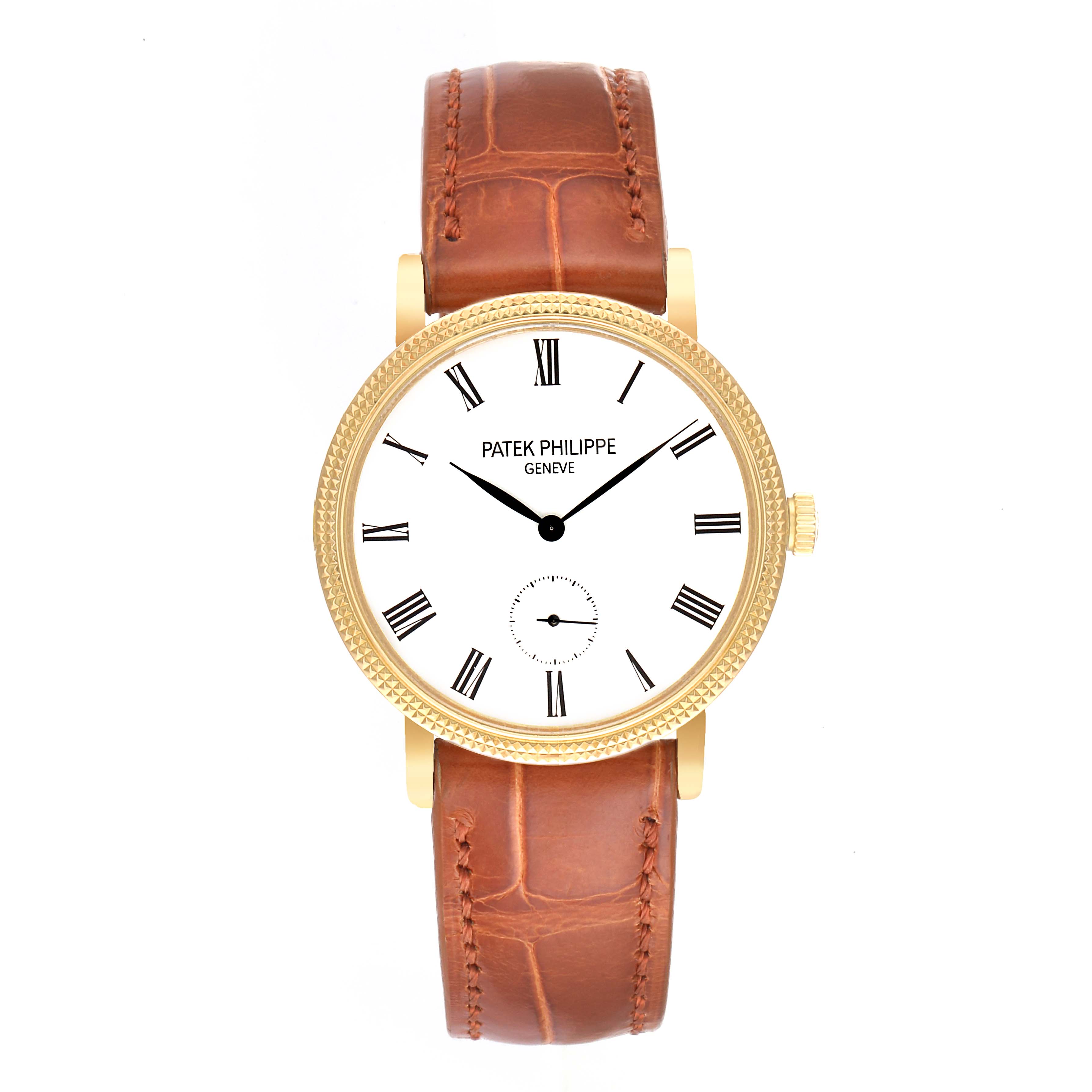 This image shows a straight-on view of the Patek Philippe Calatrava 7119J Men's Yellow Gold White Dial 7119J Men's Yellow Gold White Dial watch, highlighting the dial, bezel, crown, and brown leather strap.
