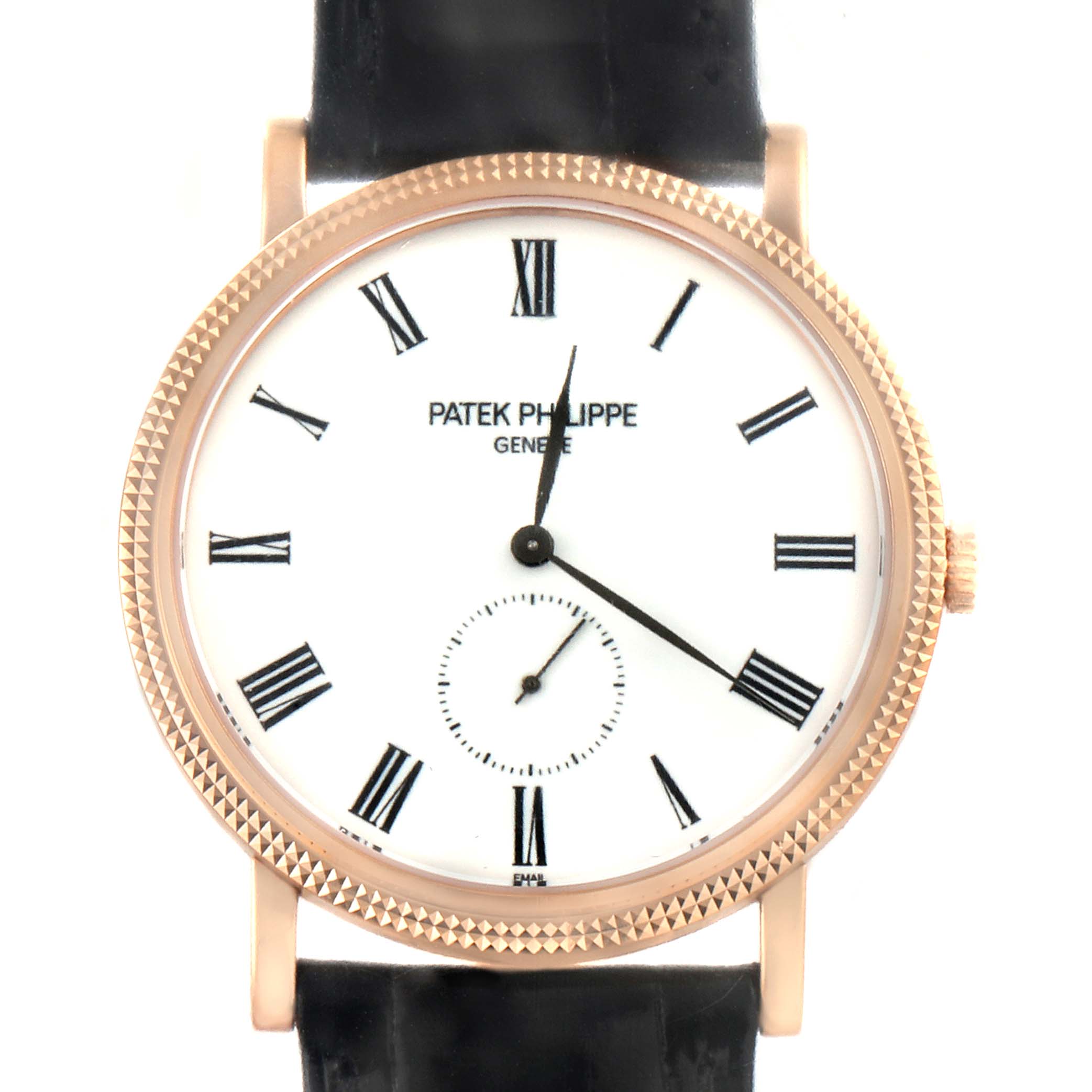 The image shows a front view of a Patek Philippe Calatrava 5116R Men's Rose Gold White Dial 5116R Men's Rose Gold White Dial watch with a white dial, Roman numerals, and a black leather strap.