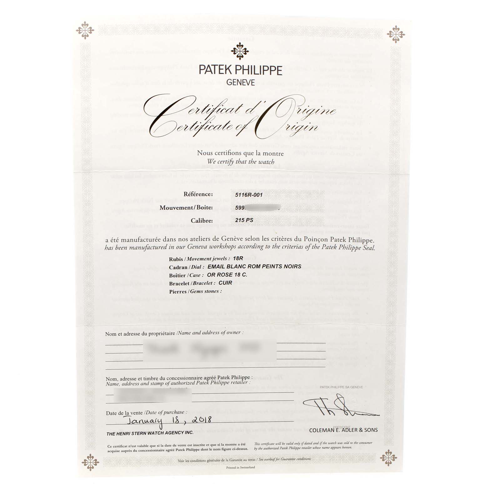 The image shows the Certificate of Origin for a Patek Philippe Calatrava 5116R Men's Rose Gold White Dial 5116R Men's Rose Gold White Dial watch, detailing the model and specifications.