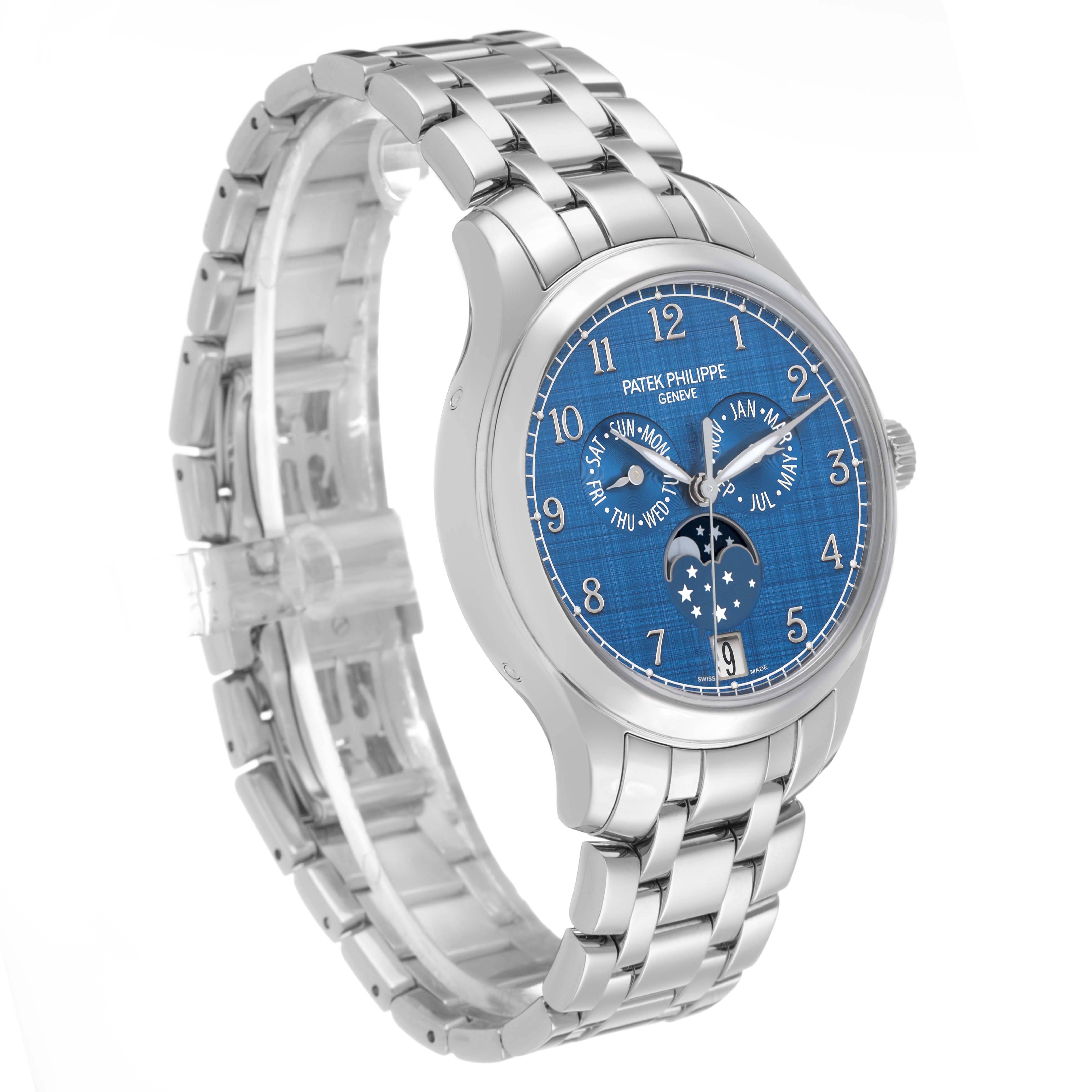 The Patek Philippe Complications 4947/1A-001 Men's Stainless Steel Blue Dial watch is shown at a three-quarter angle, highlighting the blue dial and metal bracelet.