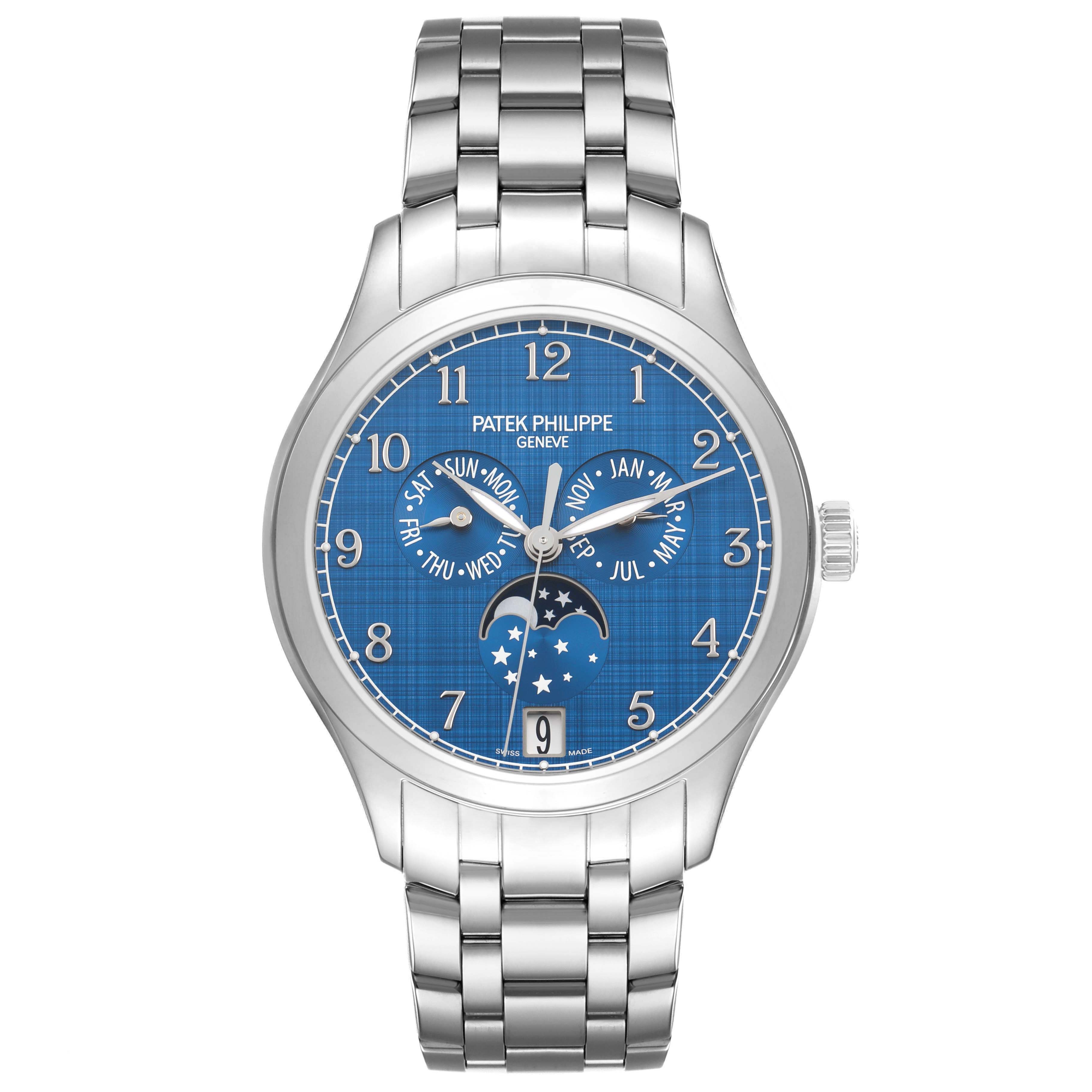 The Patek Philippe Complications 4947/1A-001 Men's Stainless Steel Blue Dial watch is shown from the front, displaying its blue dial, complications, and steel bracelet.