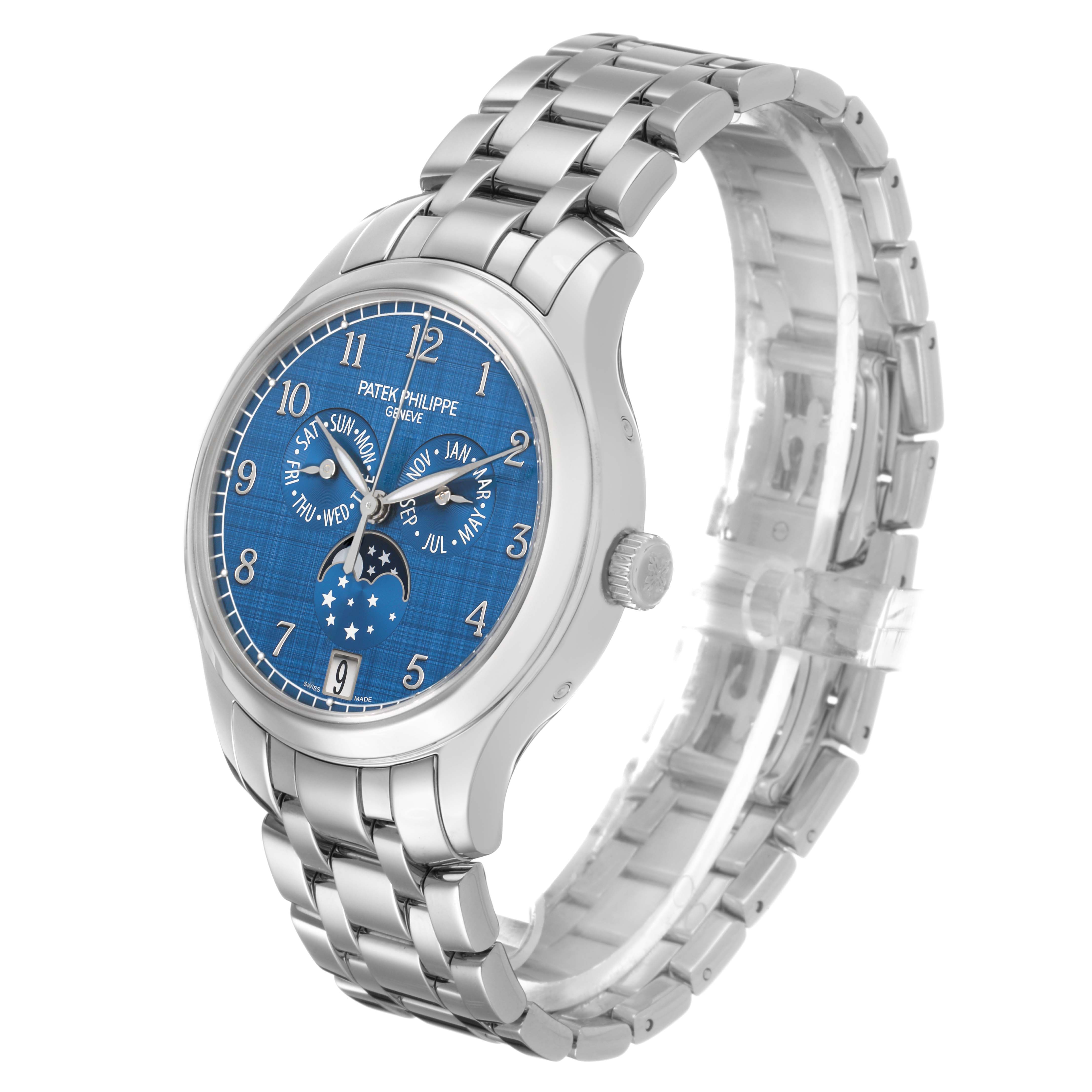 The Patek Philippe Complications 4947/1A-001 Men's Stainless Steel Blue Dial watch is shown at a three-quarter angle, highlighting the blue dial, moon phase, and metal bracelet.