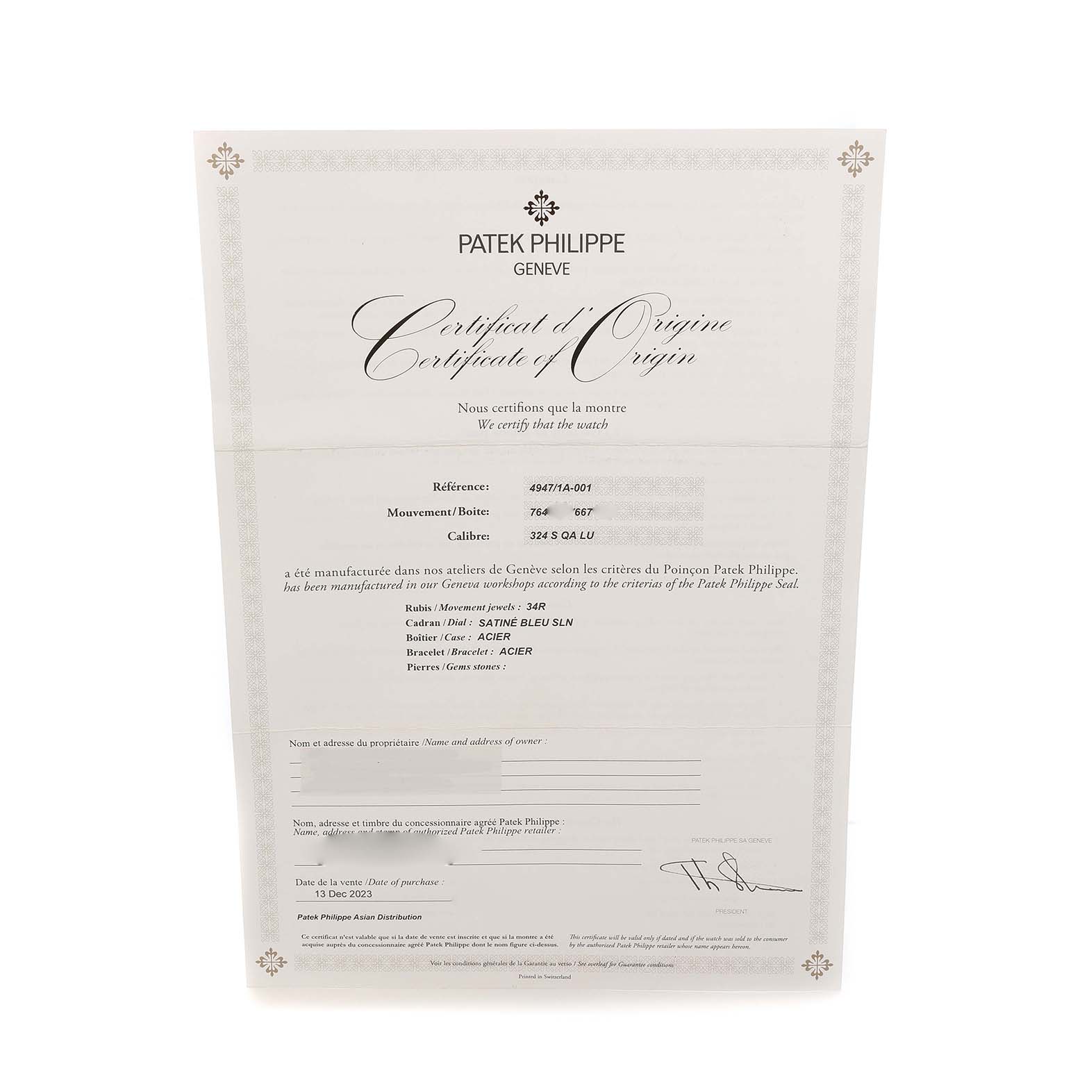 The image shows the Certificate of Origin for the Patek Philippe Complications 4947/1A-001 Men's Stainless Steel Blue Dial model.