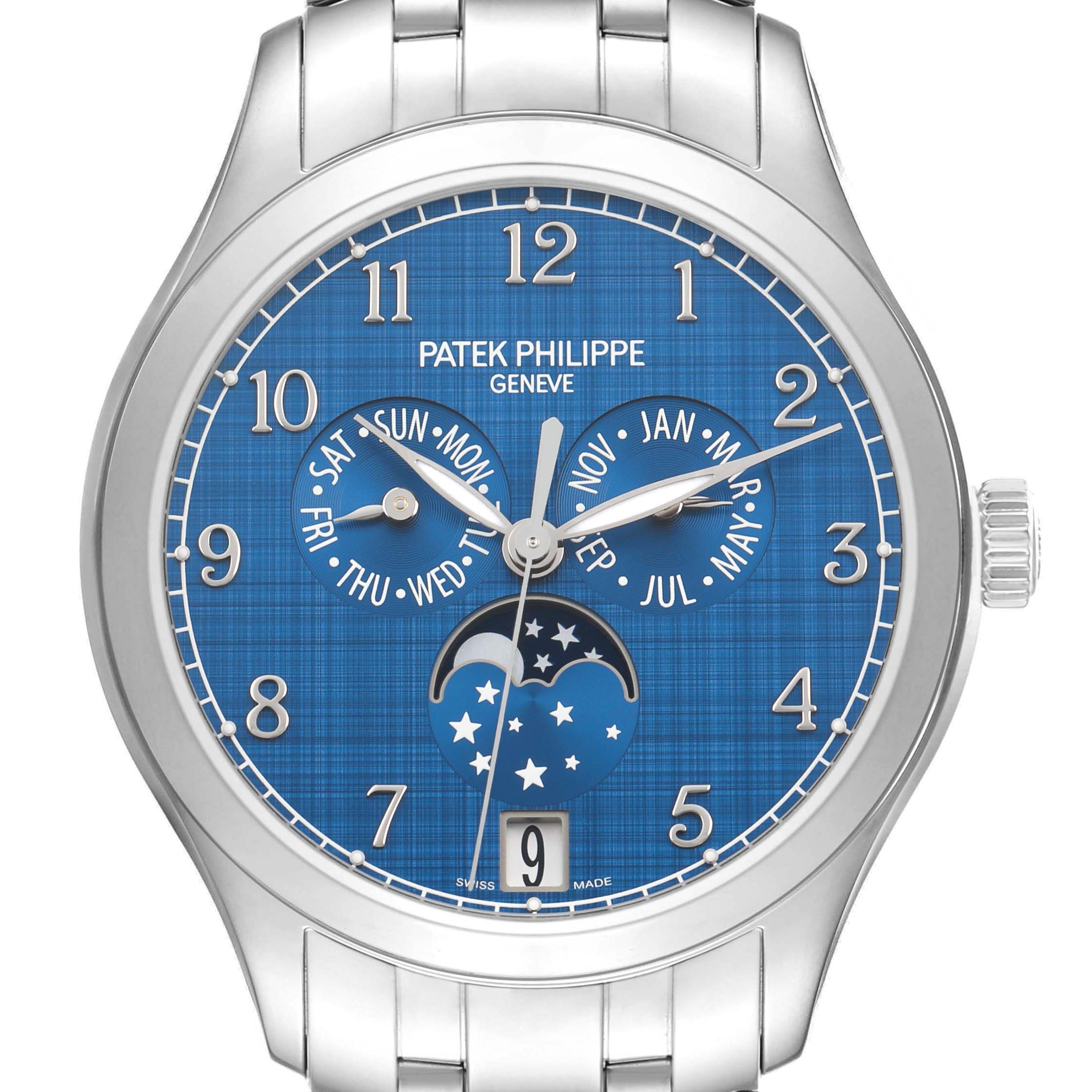 The Patek Philippe Complications 4947/1A-001 Men's Stainless Steel Blue Dial watch is shown from the front, displaying its blue dial, moon phase, day, month, and date features.