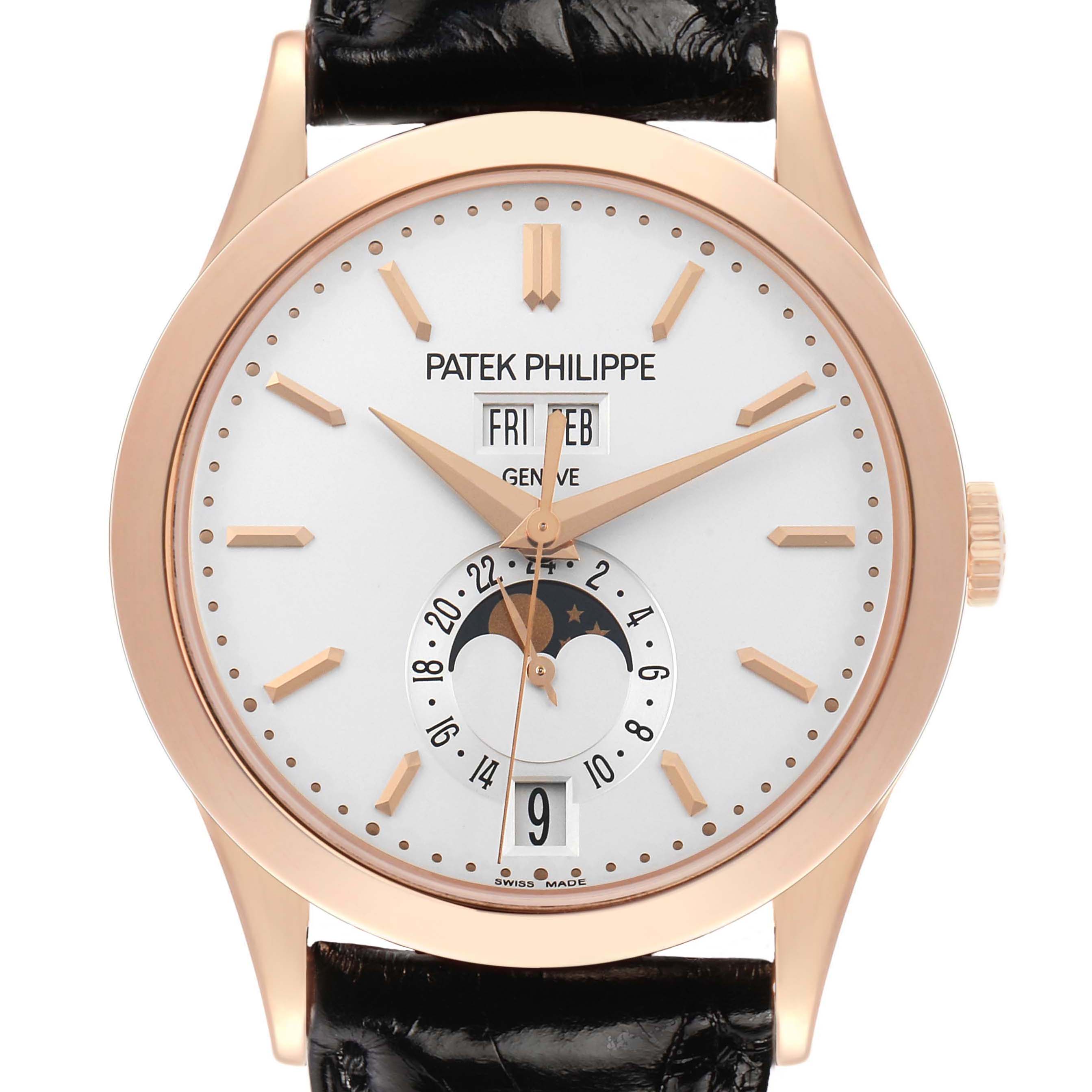 The image shows the Patek Philippe Complications 5396 Men's Rose Gold Silver Dial watch from a front angle, highlighting the dial, hands, and calendar features.