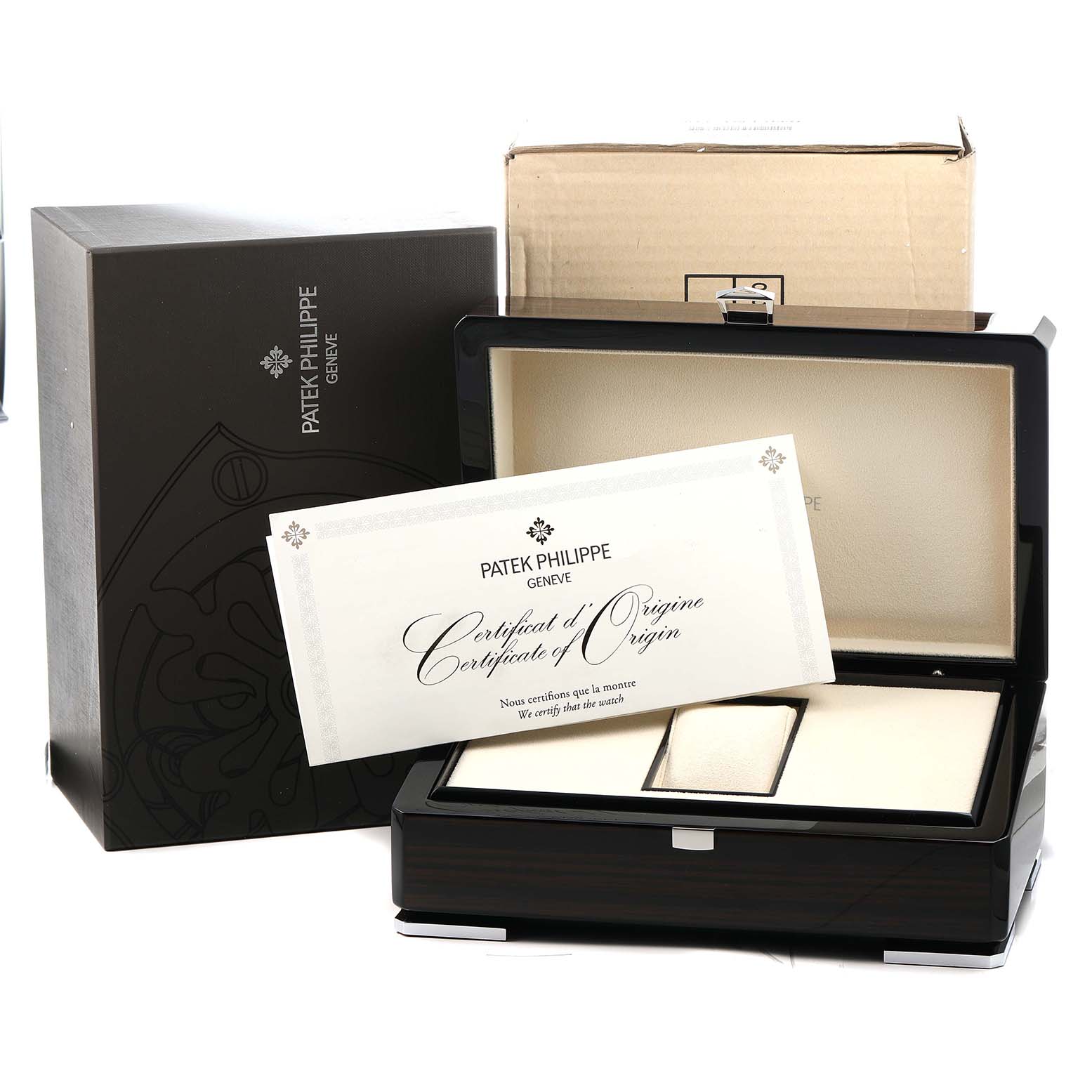 The image shows a Patek Philippe Complications 5396 Men's Rose Gold Silver Dial watch box, certificate of origin, and packaging viewed from the front.