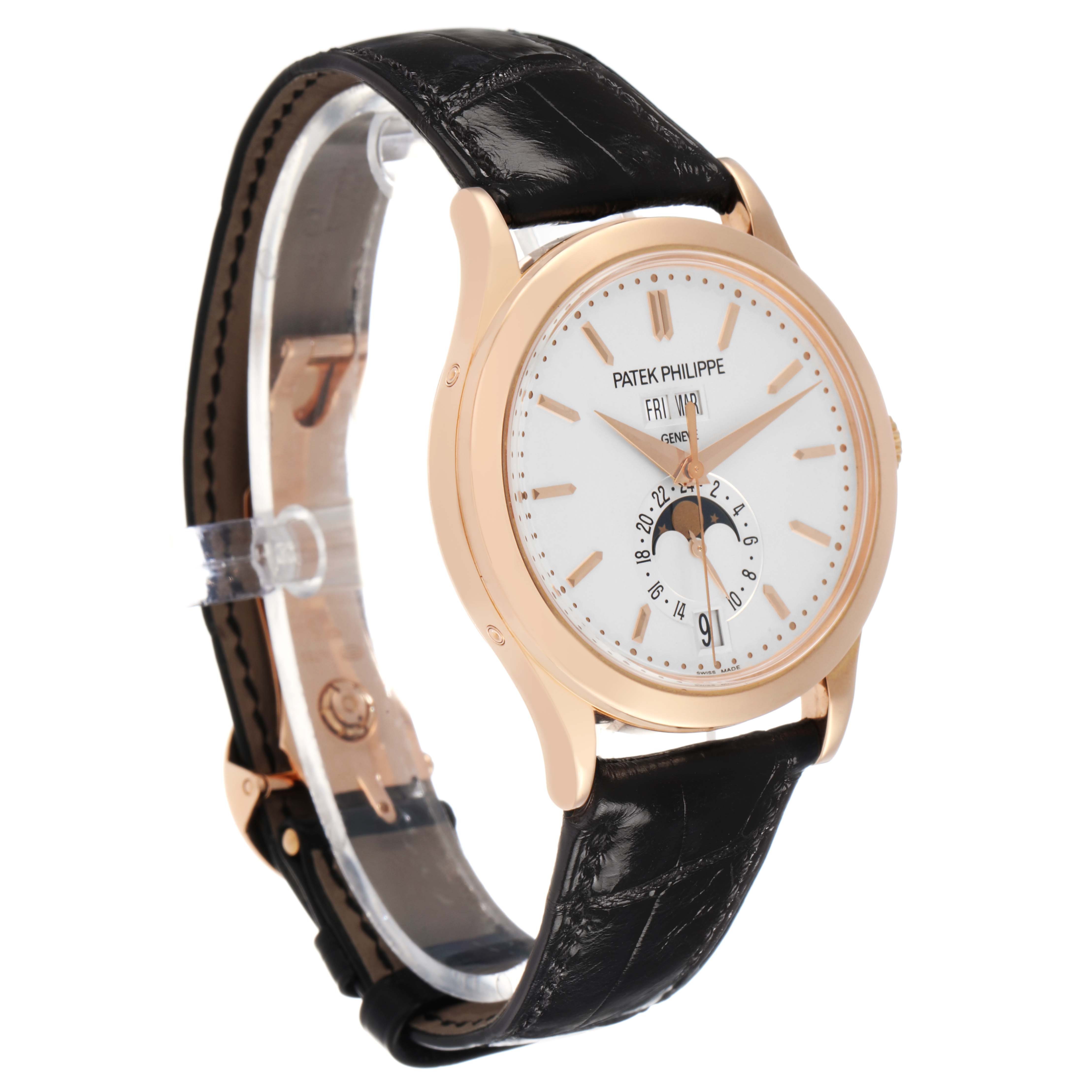 The Patek Philippe Complications 5396 Men's Rose Gold Silver Dial watch is shown at a three-quarter angle, highlighting the face, strap, and side detailing.