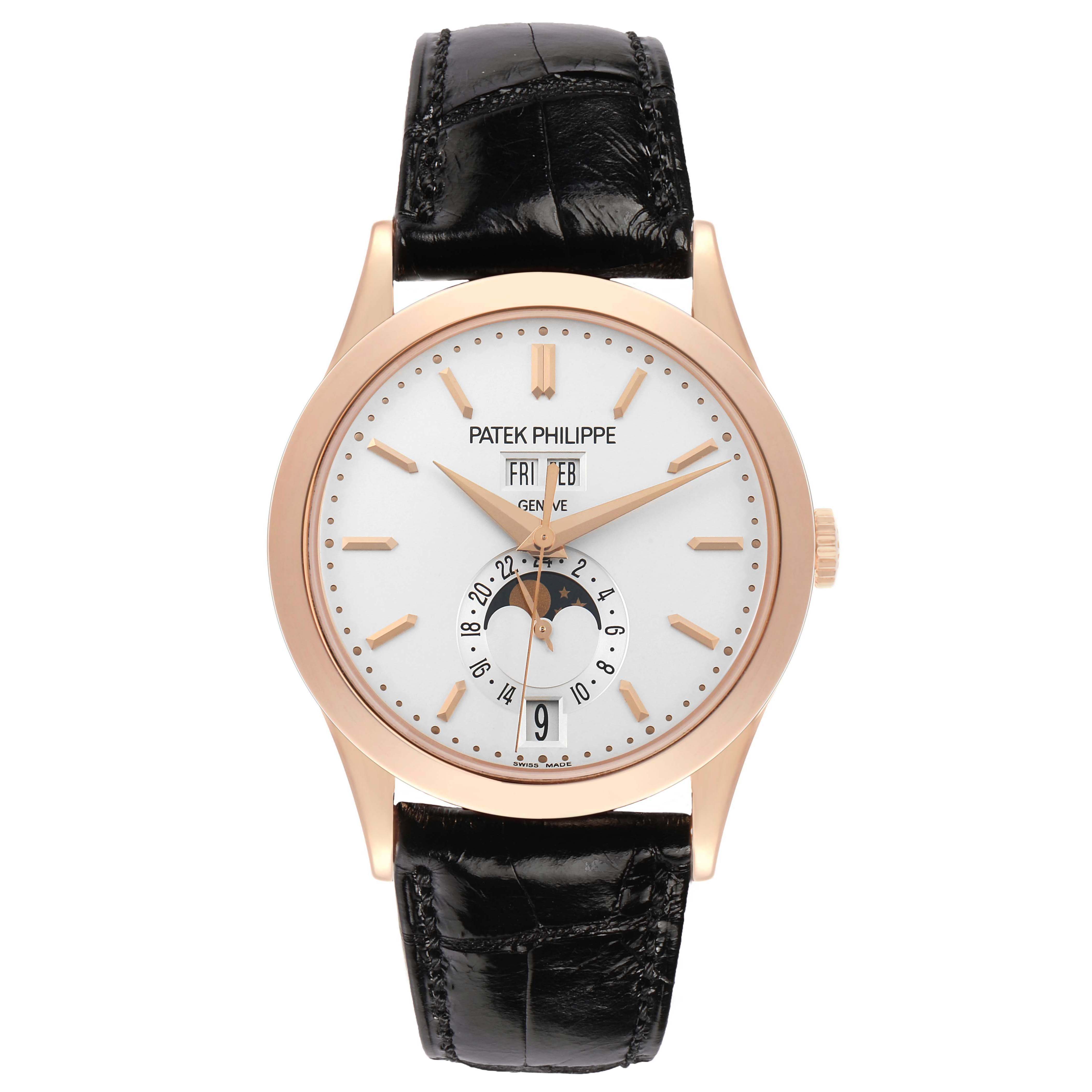 The Patek Philippe Complications 5396 Men's Rose Gold Silver Dial watch is shown from the front, displaying the face, hands, date, and moon phases with a black leather strap.