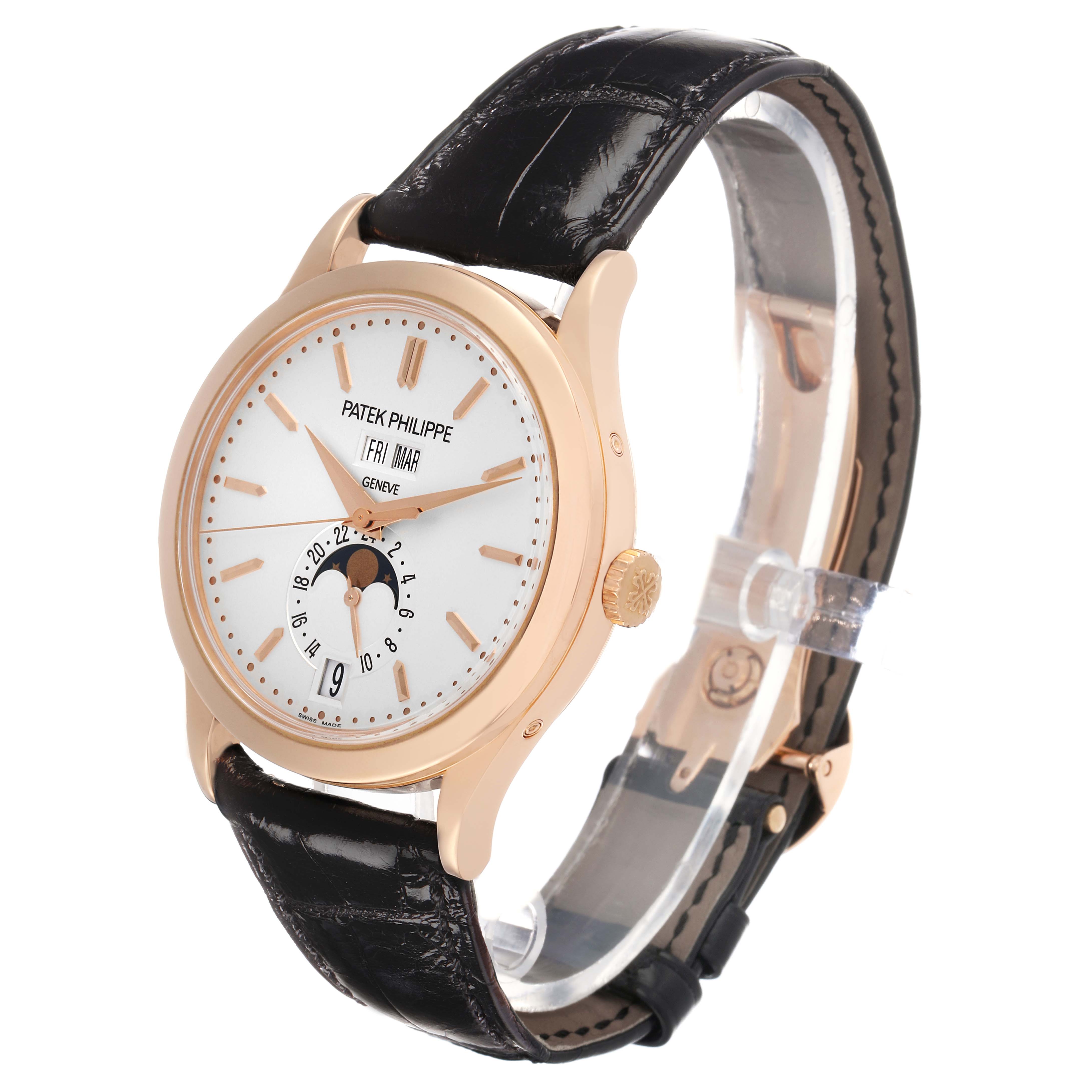 The Patek Philippe Complications 5396 Men's Rose Gold Silver Dial model is shown at a three-quarter angle, highlighting the face, crown, and leather strap.