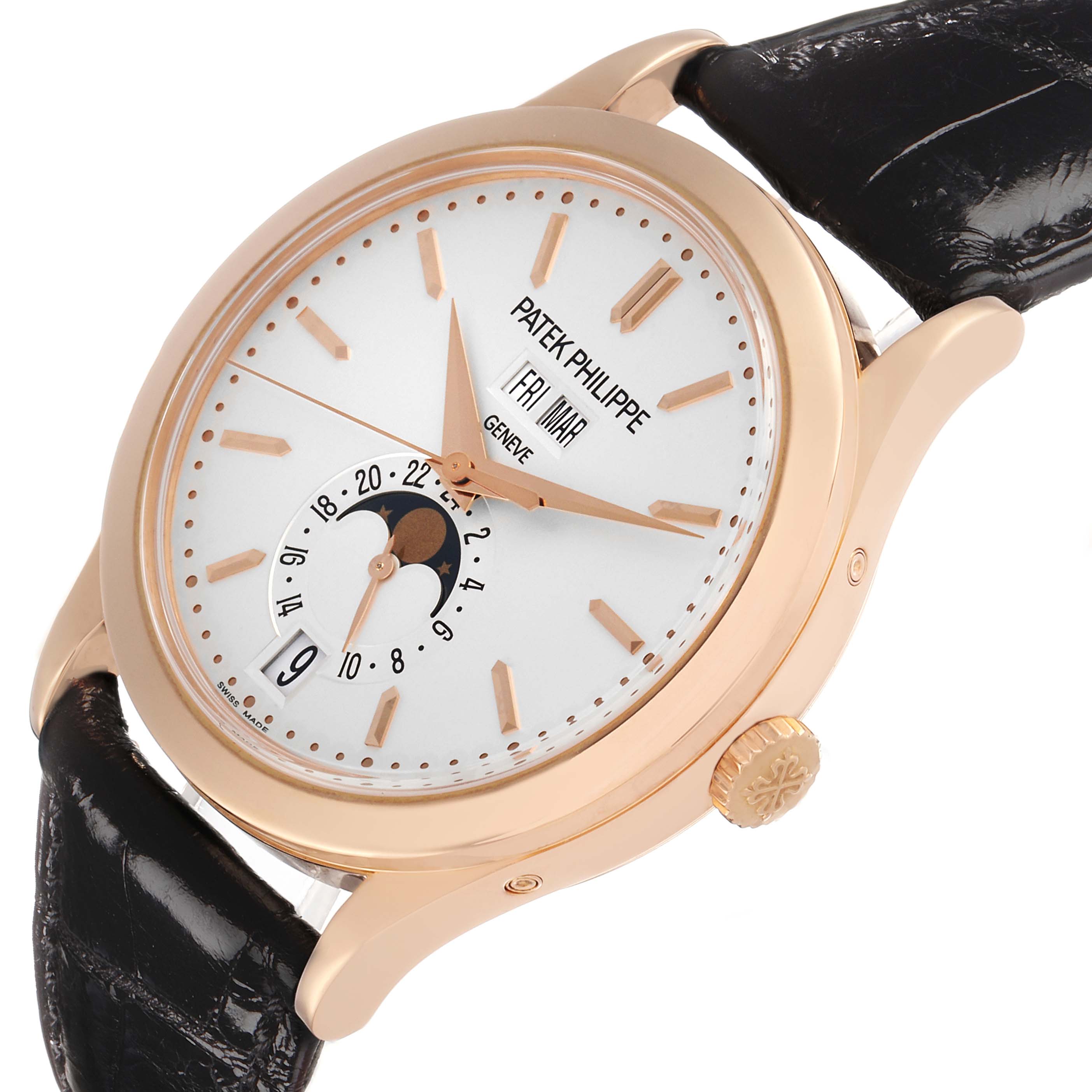 The Patek Philippe Complications 5396 Men's Rose Gold Silver Dial watch is shown at a slight angle, highlighting the face, bezel, crown, and part of the strap.