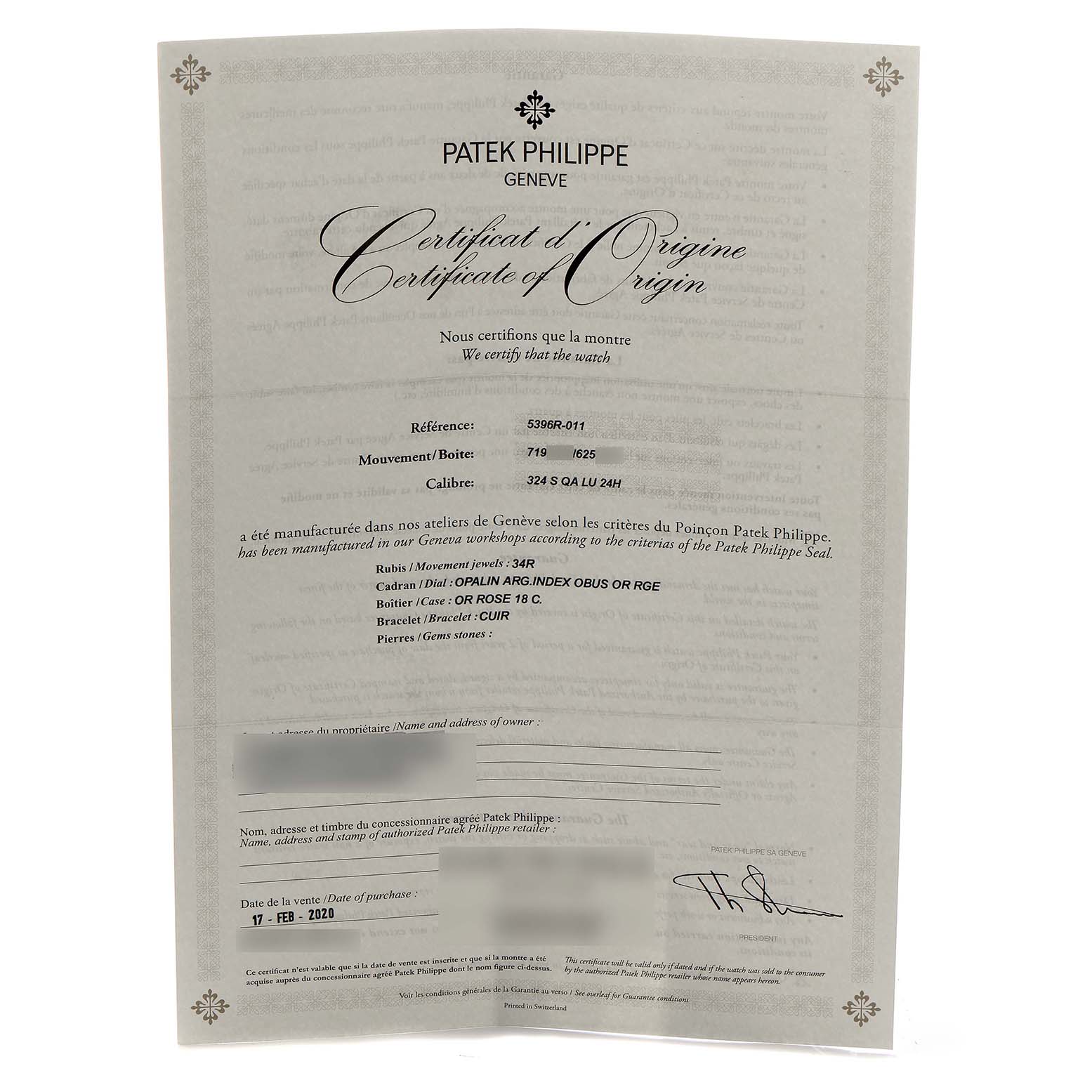 This image shows a Patek Philippe Complications 5396 Men's Rose Gold Silver Dial model certificate of origin, detailing specifications and purchase information.