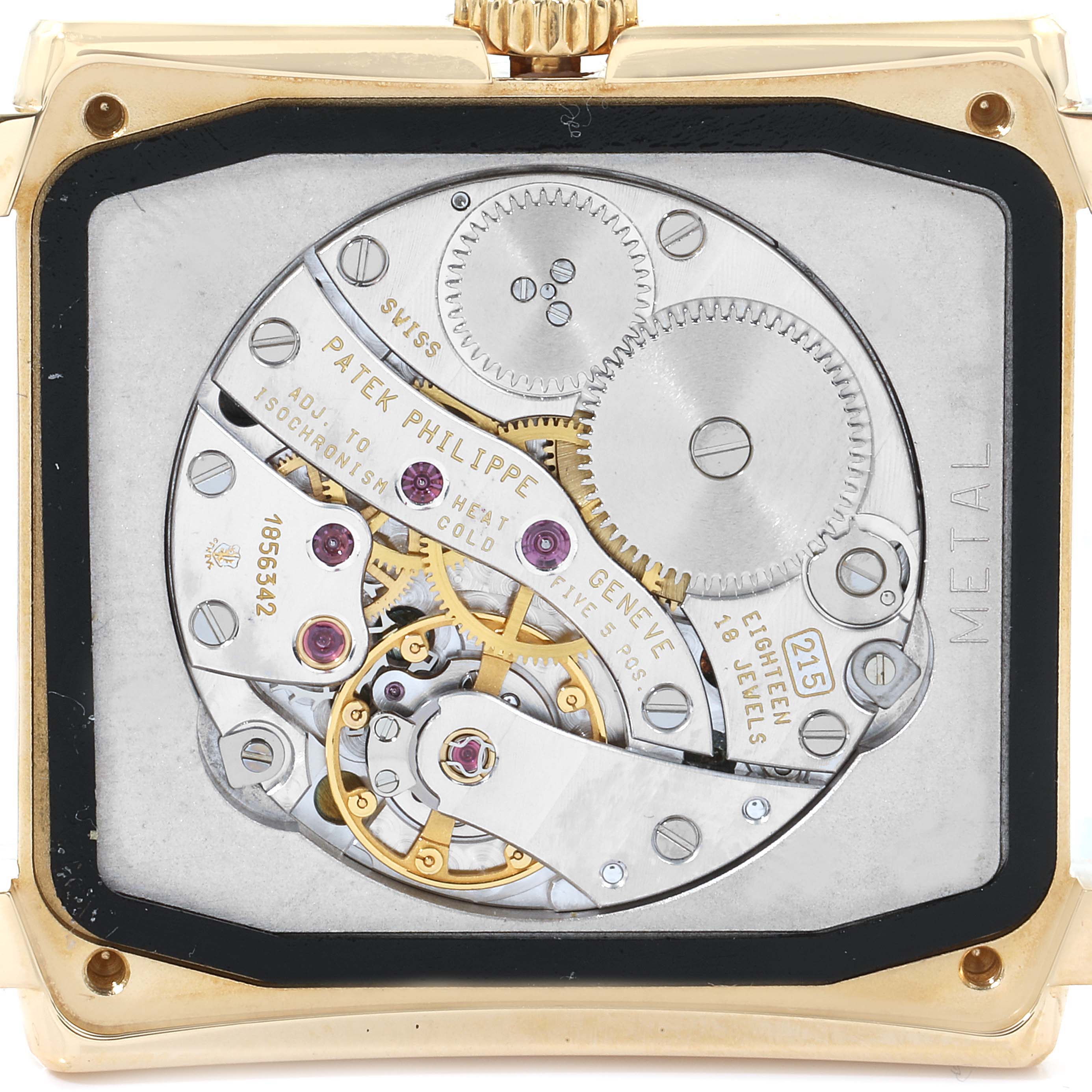 This image shows the movement mechanism of the Patek Philippe Gondolo 5024J Men's Yellow Gold Silver Dial 5024J Men's Yellow Gold Silver Dial watch from a rear angle.
