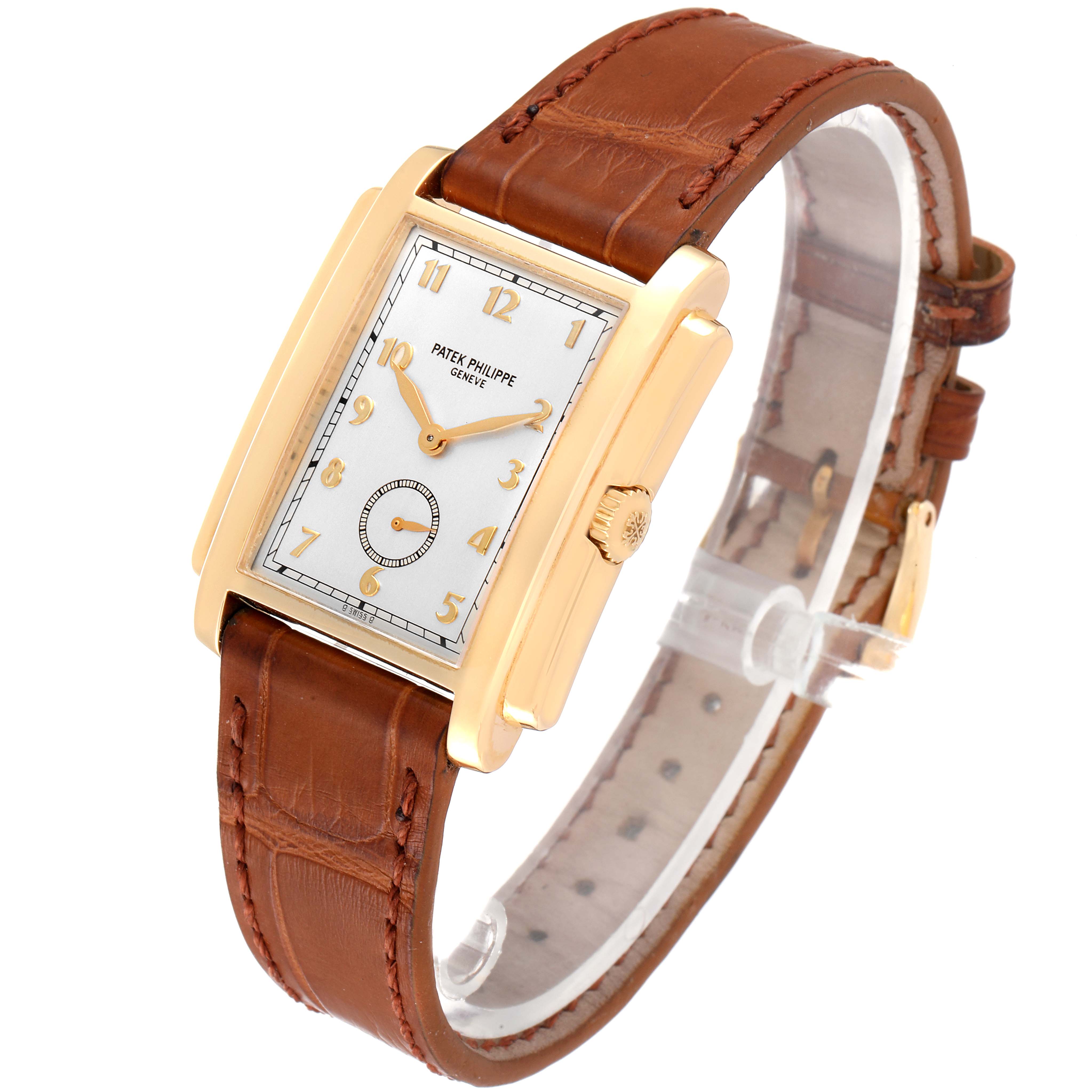 The image shows a Patek Philippe Gondolo 5024J Men's Yellow Gold Silver Dial 5024J Men's Yellow Gold Silver Dial watch from an angled top-side view, highlighting the dial, case, crown, and leather strap.