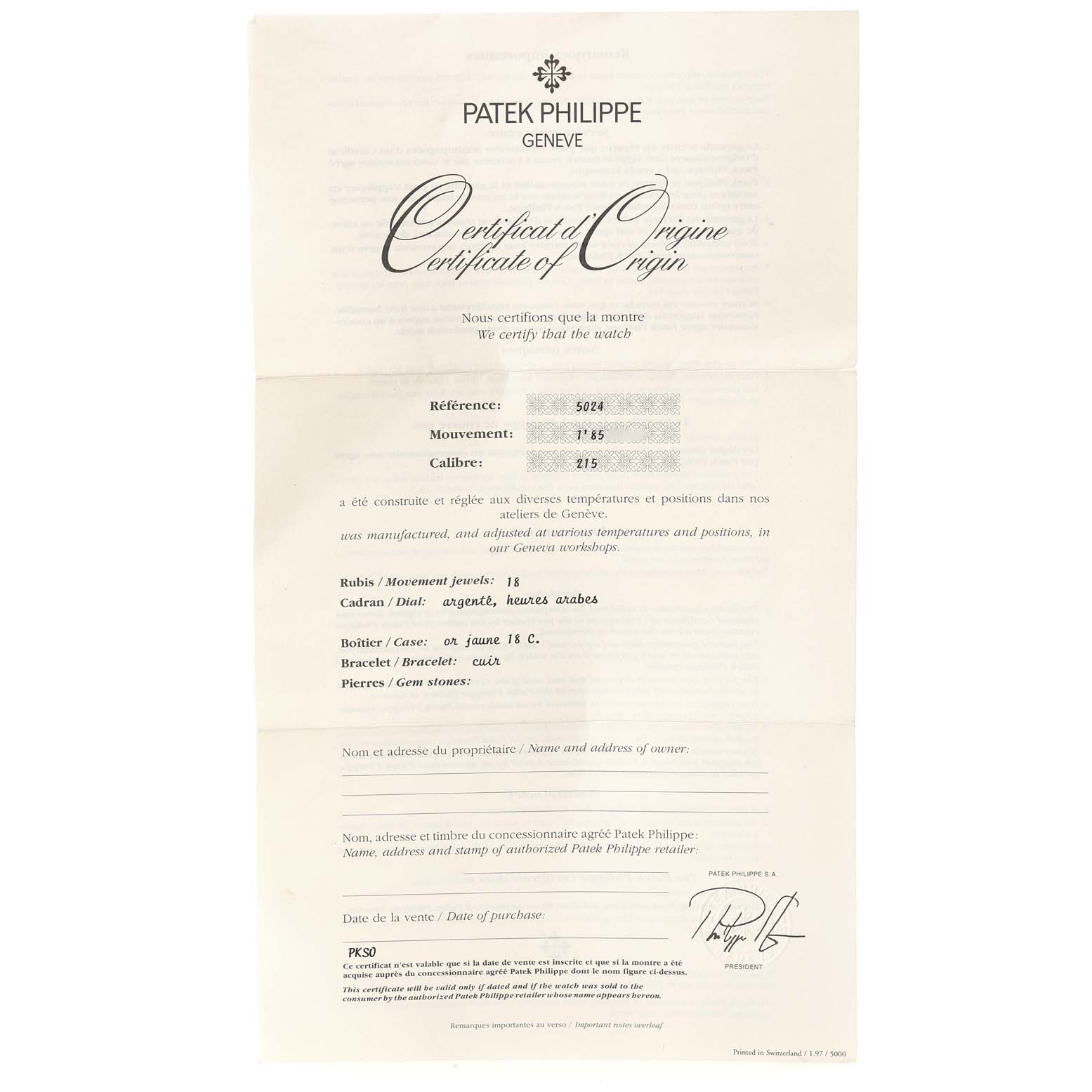 The image shows a Certificate of Origin for the Patek Philippe Gondolo 5024J Men's Yellow Gold Silver Dial 5024J Men's Yellow Gold Silver Dial model watch, detailing its specifications and authenticity.