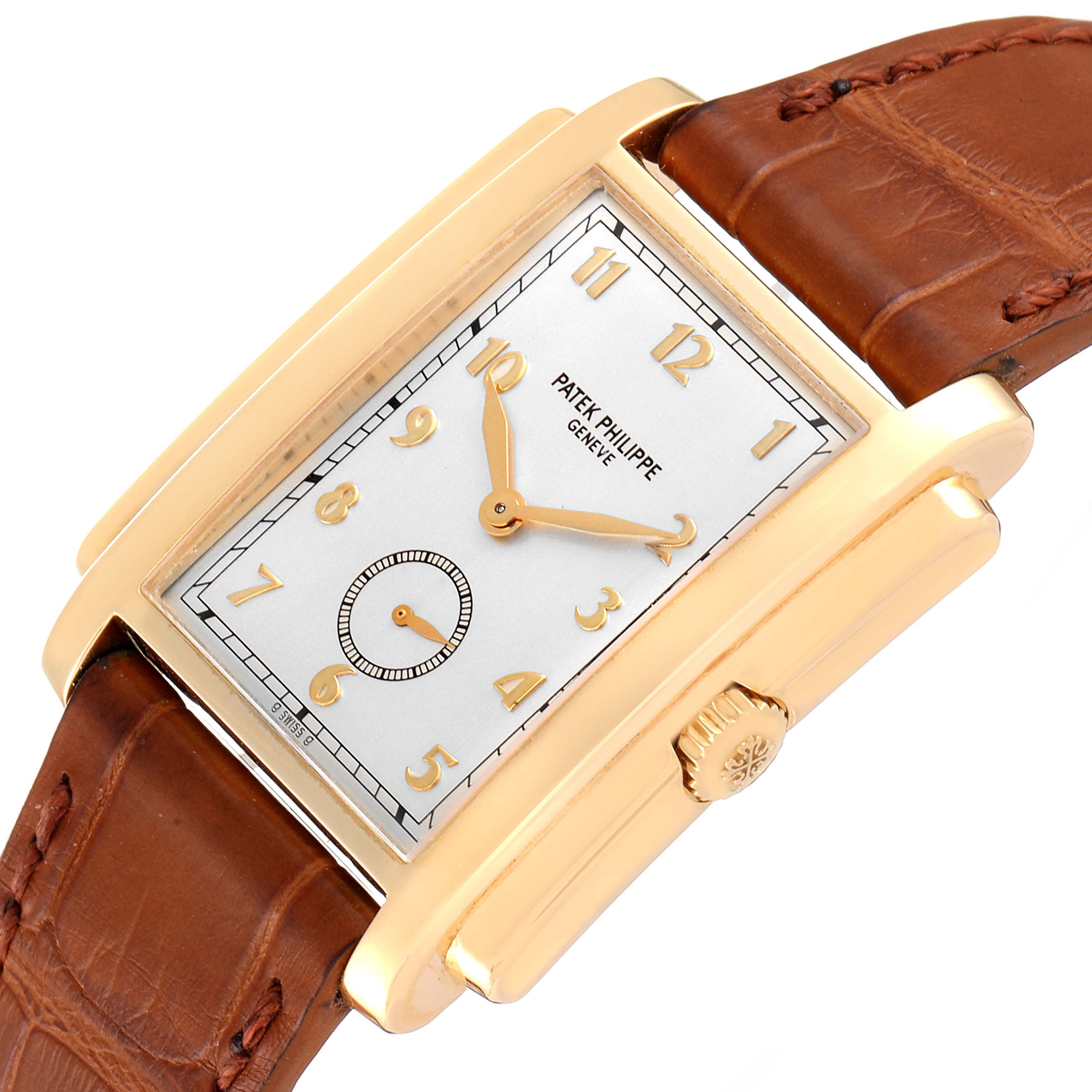The image shows a front angle of the Patek Philippe Gondolo 5024J Men's Yellow Gold Silver Dial 5024J Men's Yellow Gold Silver Dial watch, highlighting its rectangular dial and leather strap.