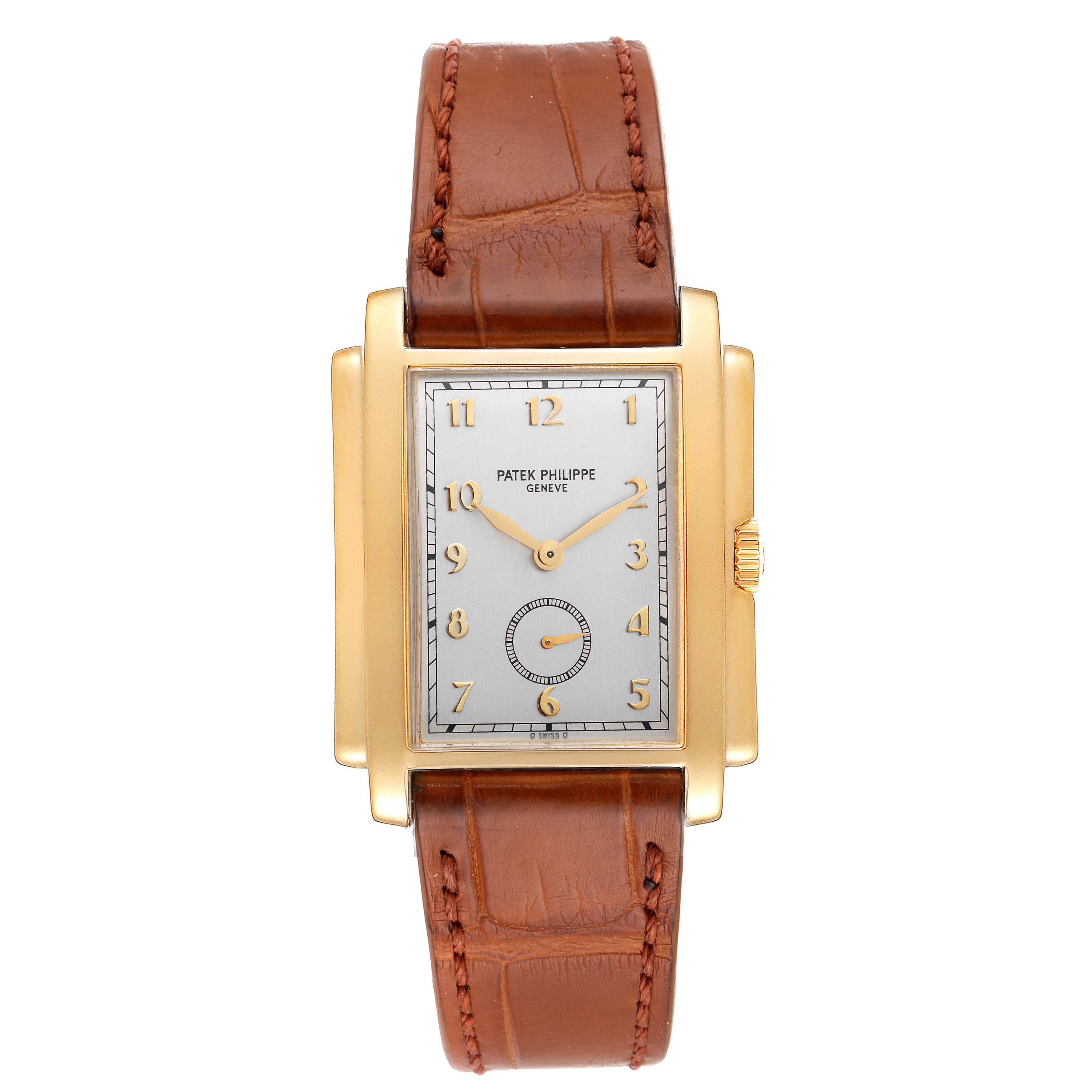 The image shows a front view of the Patek Philippe Gondolo 5024J Men's Yellow Gold Silver Dial 5024J Men's Yellow Gold Silver Dial watch, including the brown leather strap and gold rectangular case.