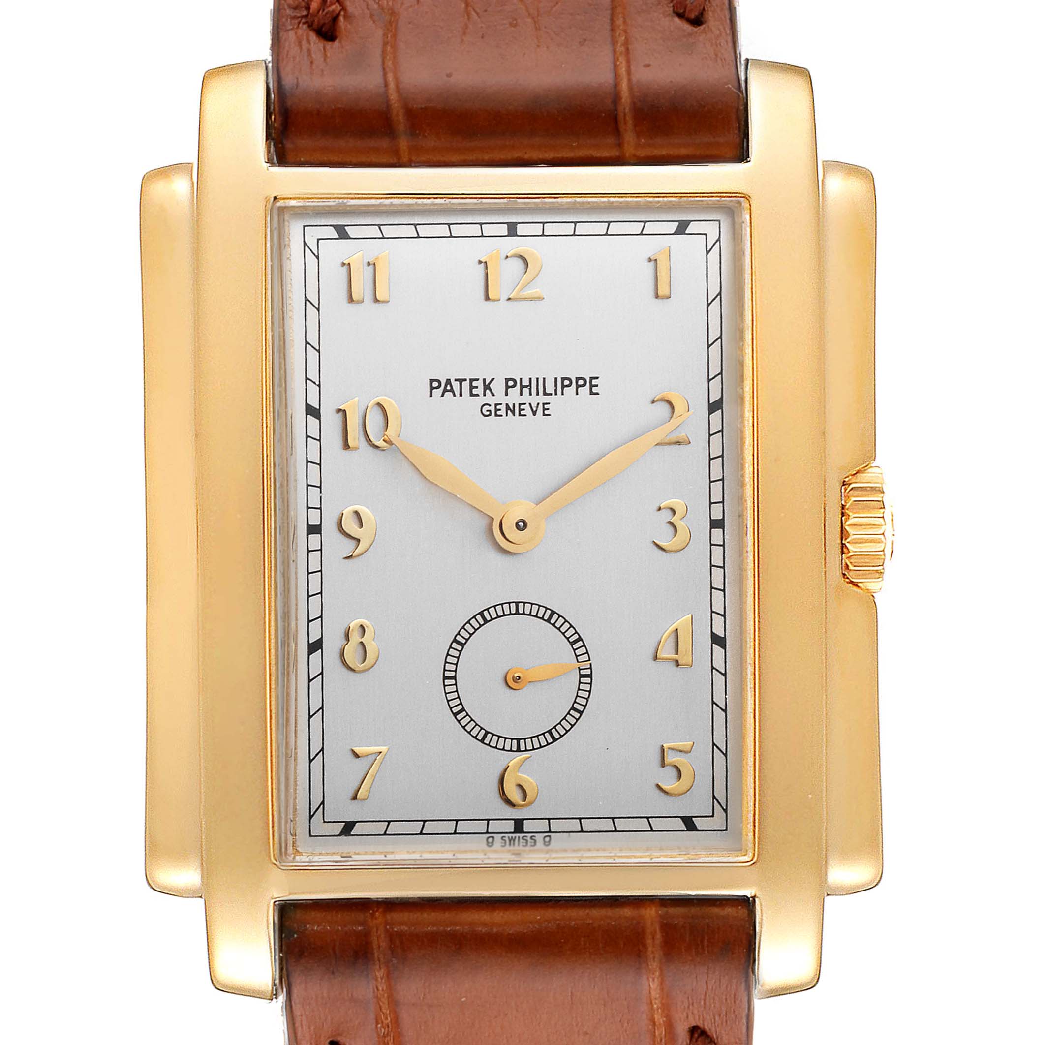 This image shows a front view of the Patek Philippe Gondolo 5024J Men's Yellow Gold Silver Dial 5024J Men's Yellow Gold Silver Dial watch, highlighting its rectangular dial, gold case, and brown leather strap.