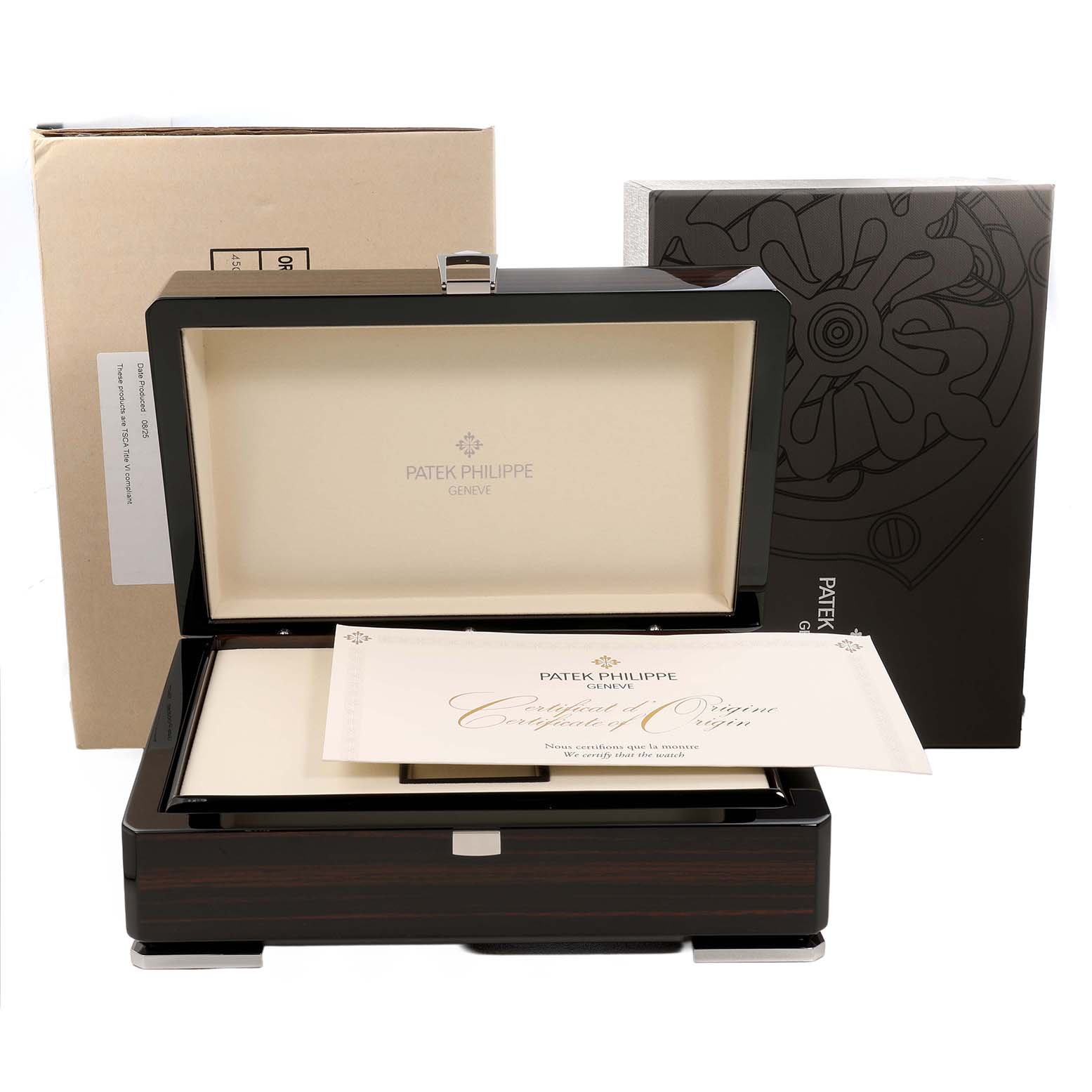 The image shows the packaging for a Patek Philippe Complications 5236 Men's Platinum Blue Dial model, including an open box and certificate.
