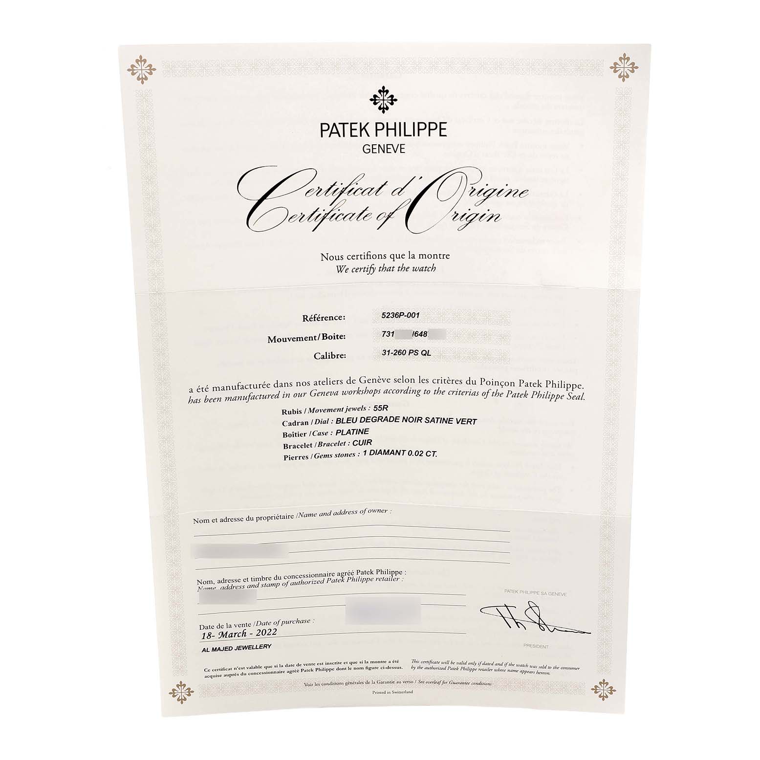 The image shows a Patek Philippe Certificate of Origin for the Complications model, displaying reference and movement details.