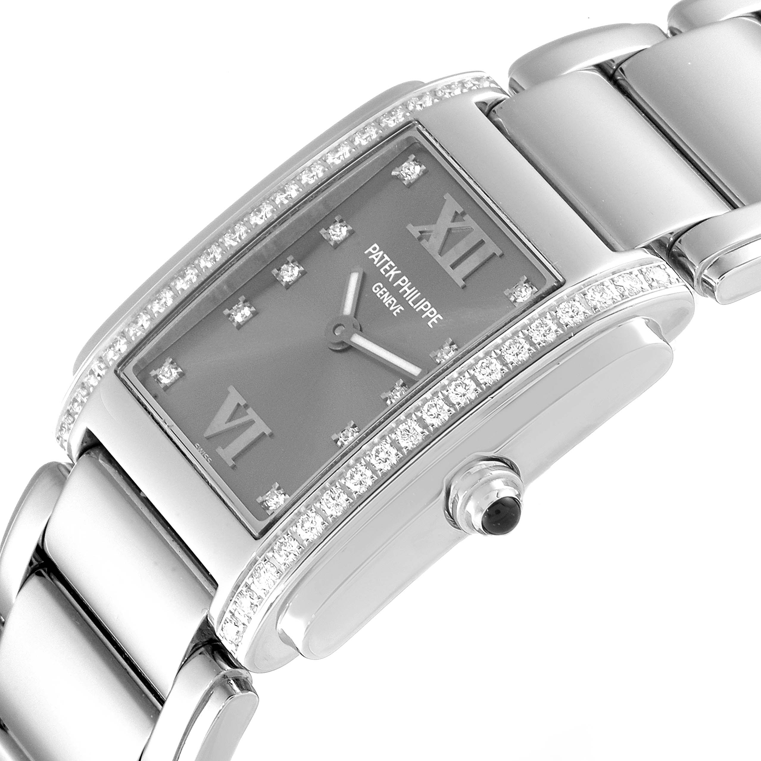 This image shows a close-up, angled view of the Patek Philippe Twenty-4 4910/10A-010 Women's Stainless Steel Grey Dial 4910/10A-010 Women's Stainless Steel Grey Dial watch, highlighting the dial, bezel, and bracelet.