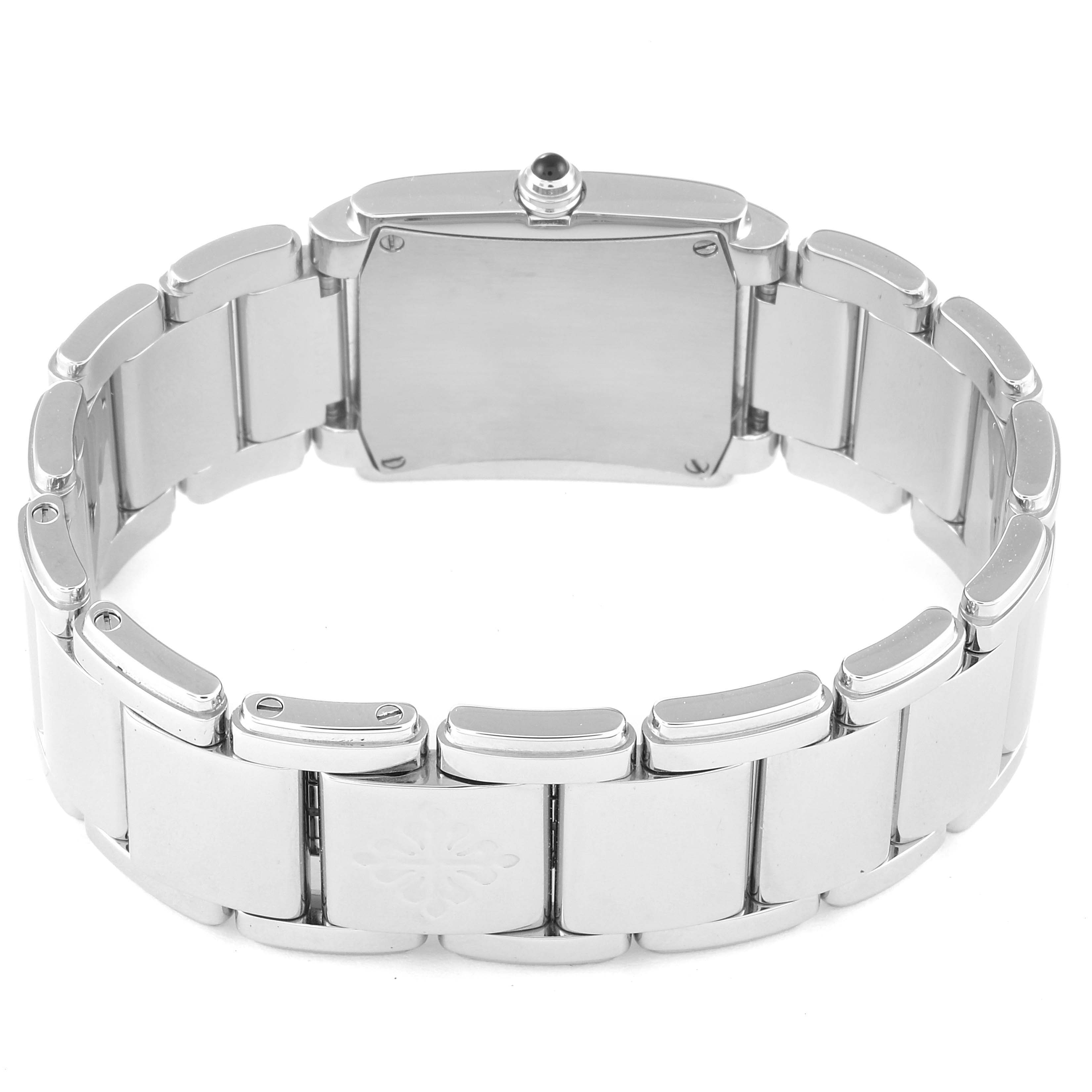 The image shows the back view of the Patek Philippe Twenty-4 4910/10A-010 Women's Stainless Steel Grey Dial 4910/10A-010 Women's Stainless Steel Grey Dial watch, focusing on the clasp and bracelet links.