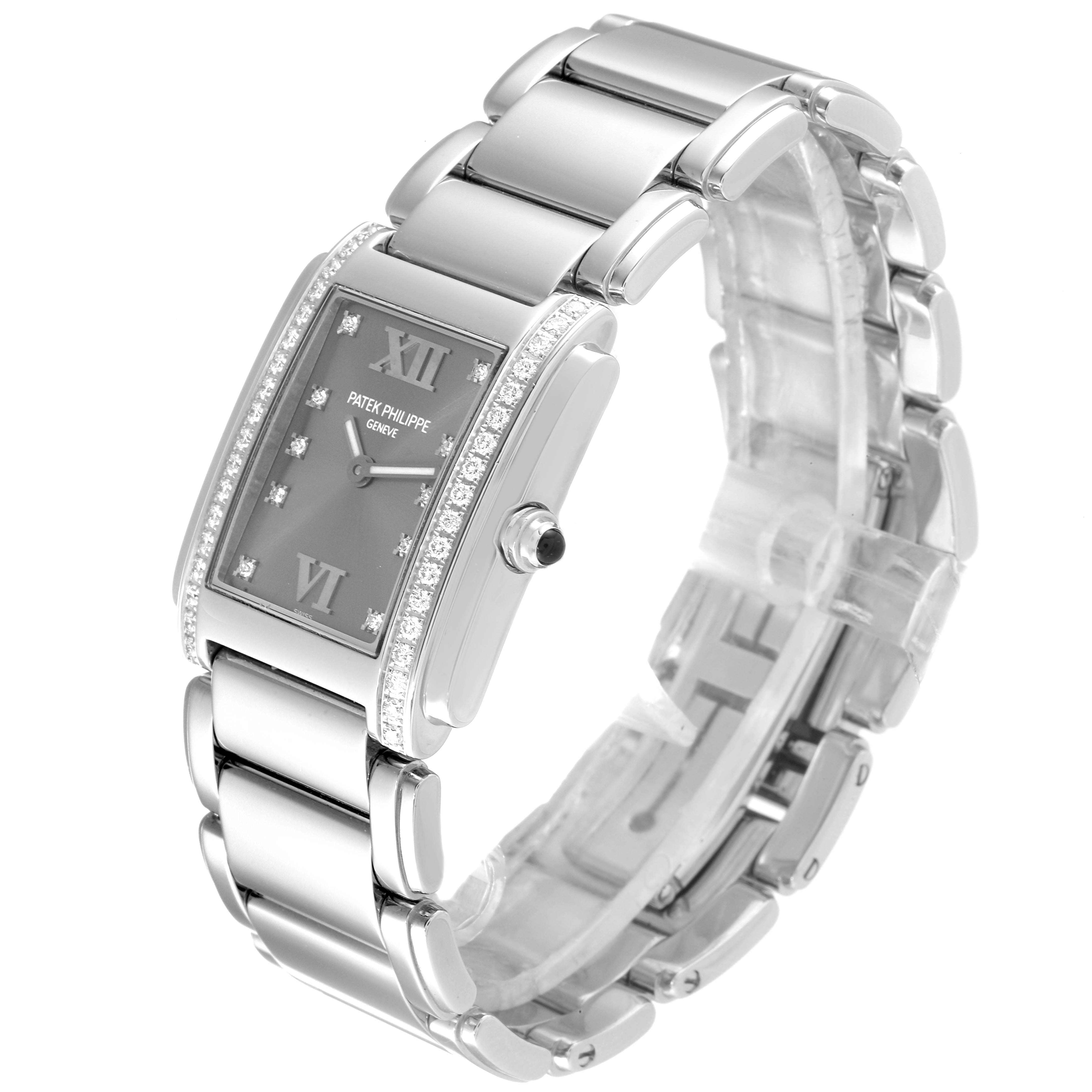 The Patek Philippe Twenty-4 4910/10A-010 Women's Stainless Steel Grey Dial 4910/10A-010 Women's Stainless Steel Grey Dial watch is shown at a three-quarter angle, displaying the face, bezel, and bracelet.