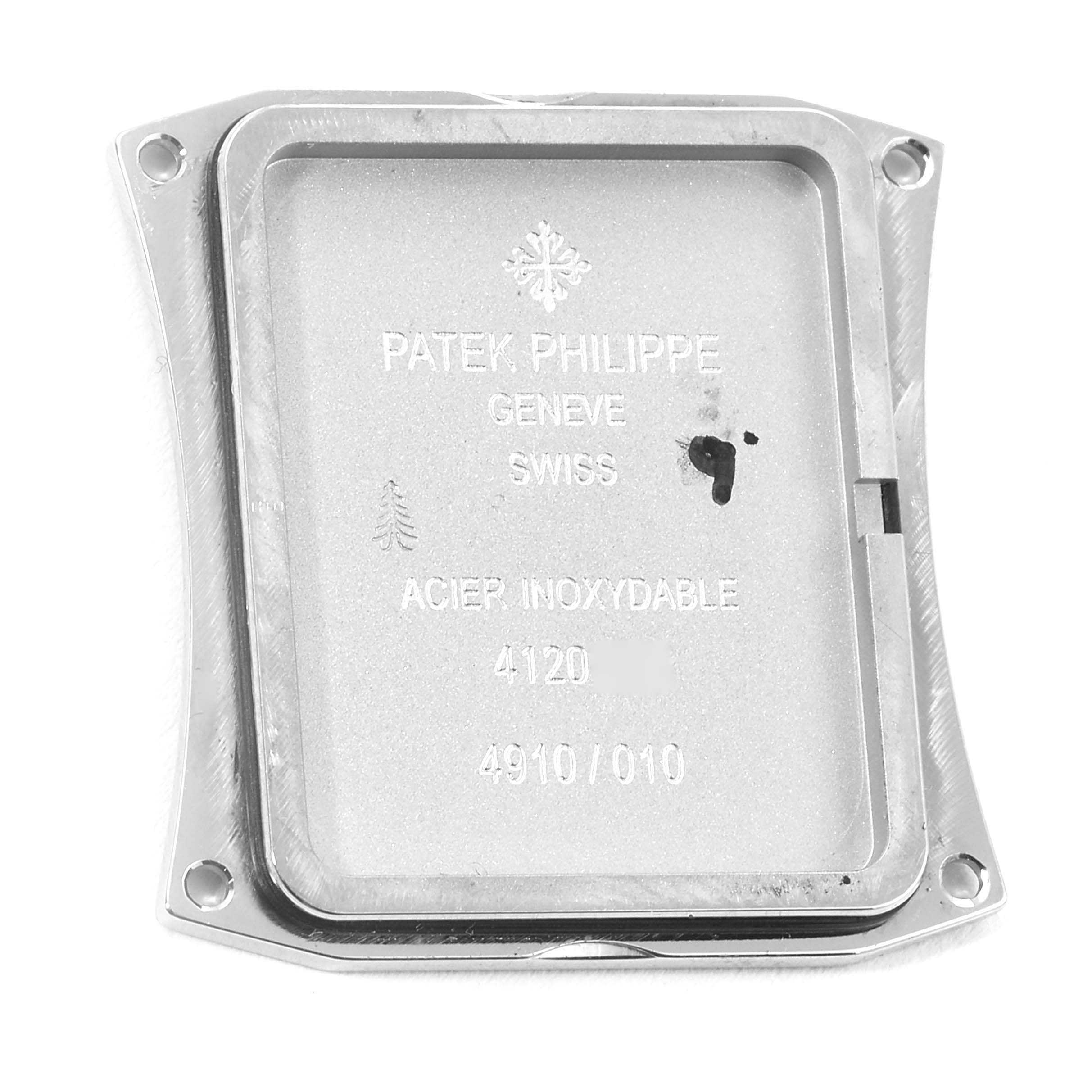 This image shows the back casing of a Patek Philippe Twenty-4 4910/10A-010 Women's Stainless Steel Grey Dial 4910/10A-010 Women's Stainless Steel Grey Dial watch.