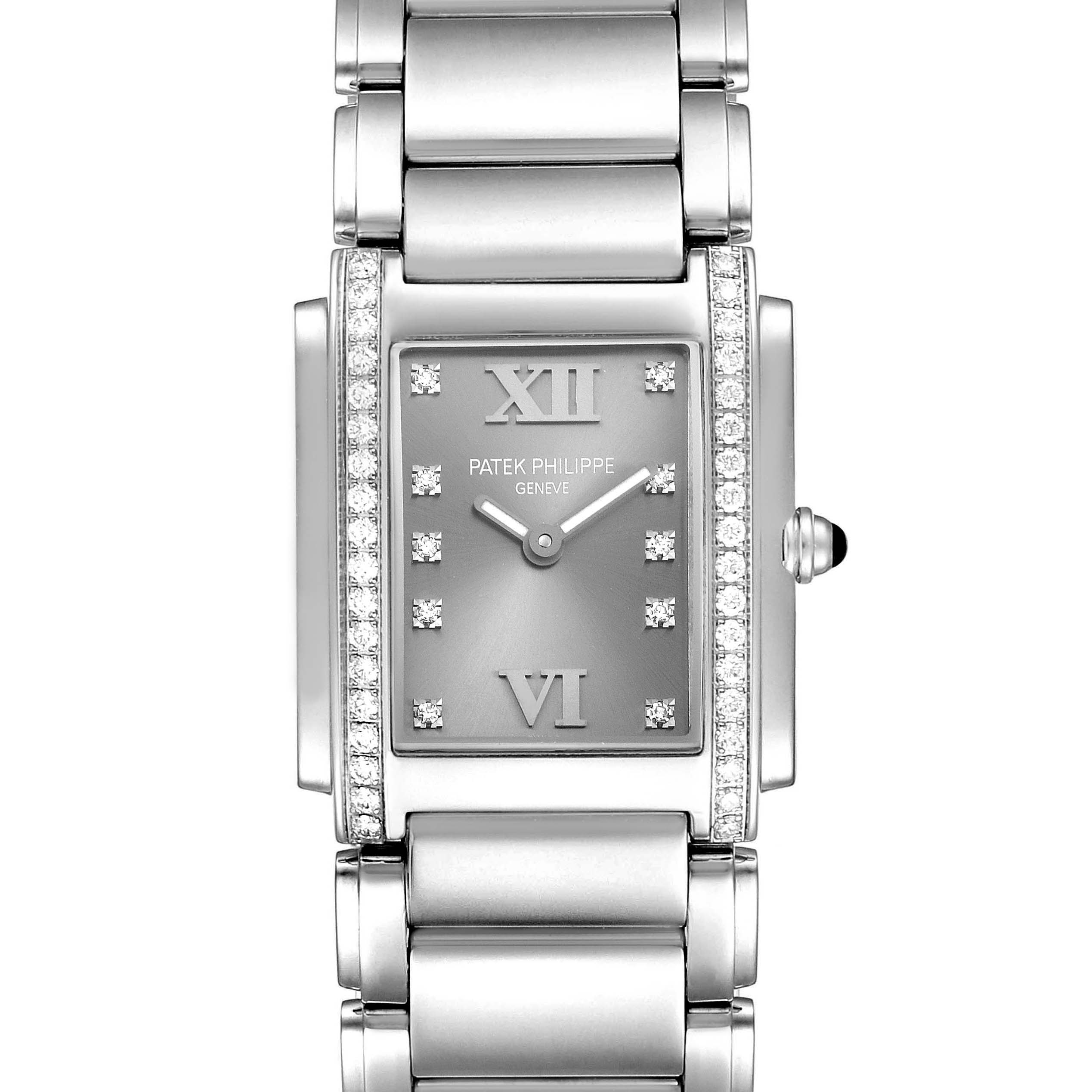 This image shows a frontal view of the Patek Philippe Twenty-4 4910/10A-010 Women's Stainless Steel Grey Dial 4910/10A-010 Women's Stainless Steel Grey Dial watch, highlighting its face and bracelet.