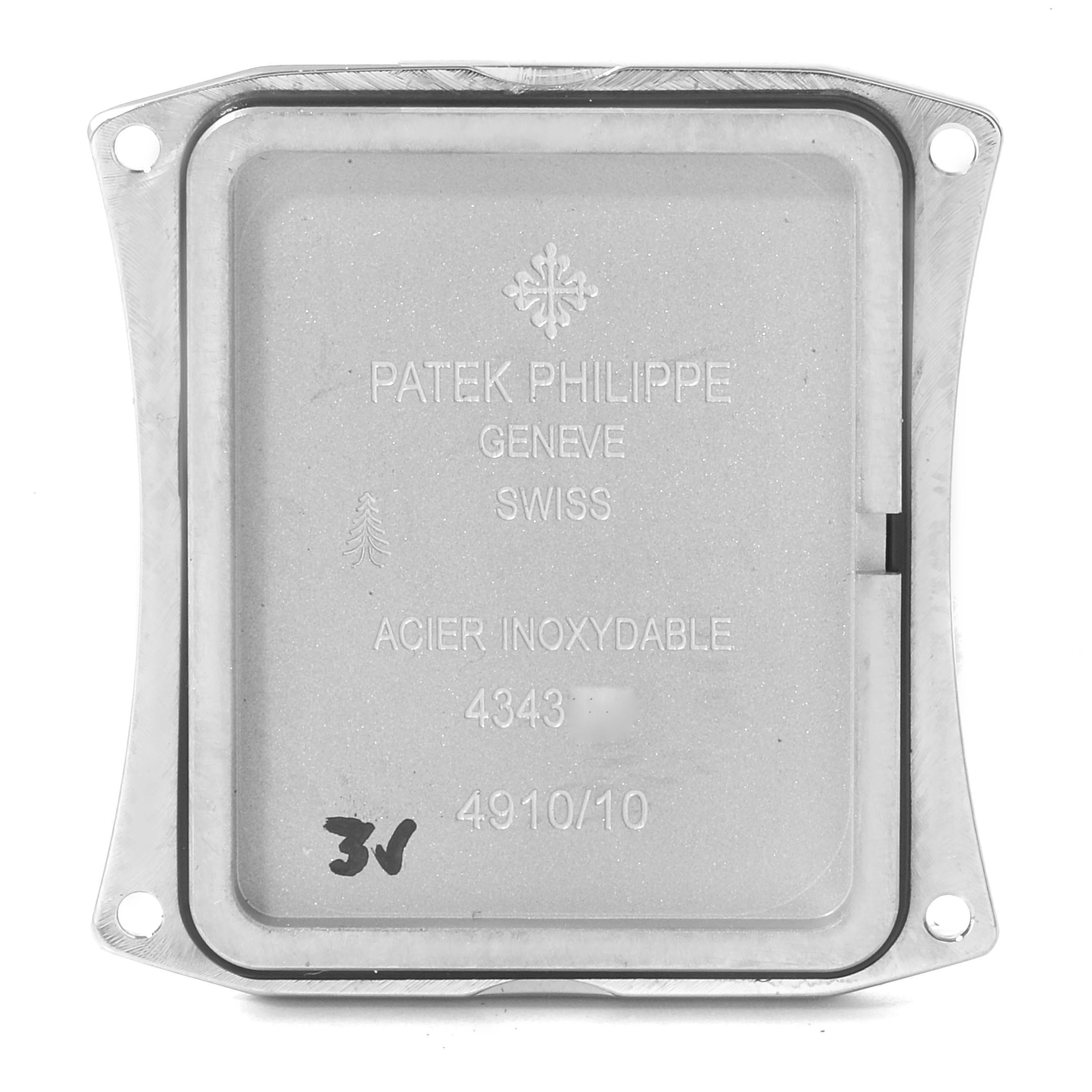The image shows the back plate of a Patek Philippe Twenty-4 4910/10A-010 Women's Stainless Steel Grey Dial 4910/10A-010 Women's Stainless Steel Grey Dial watch, displaying inscriptions and model details.