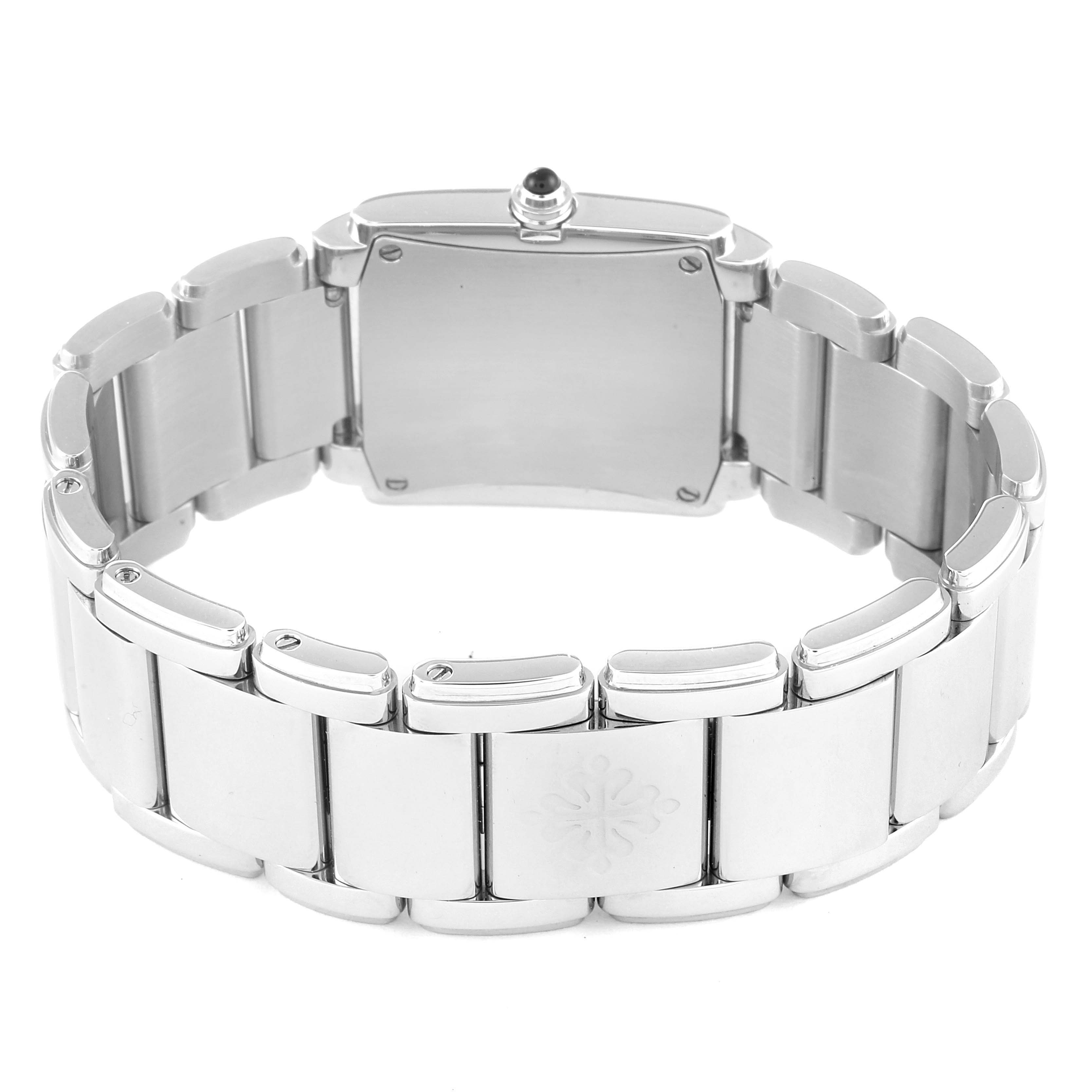 The image shows the back and bracelet of a Patek Philippe Twenty-4 4910/10A-010 Women's Stainless Steel Grey Dial 4910/10A-010 Women's Stainless Steel Grey Dial model watch from a rear angle.