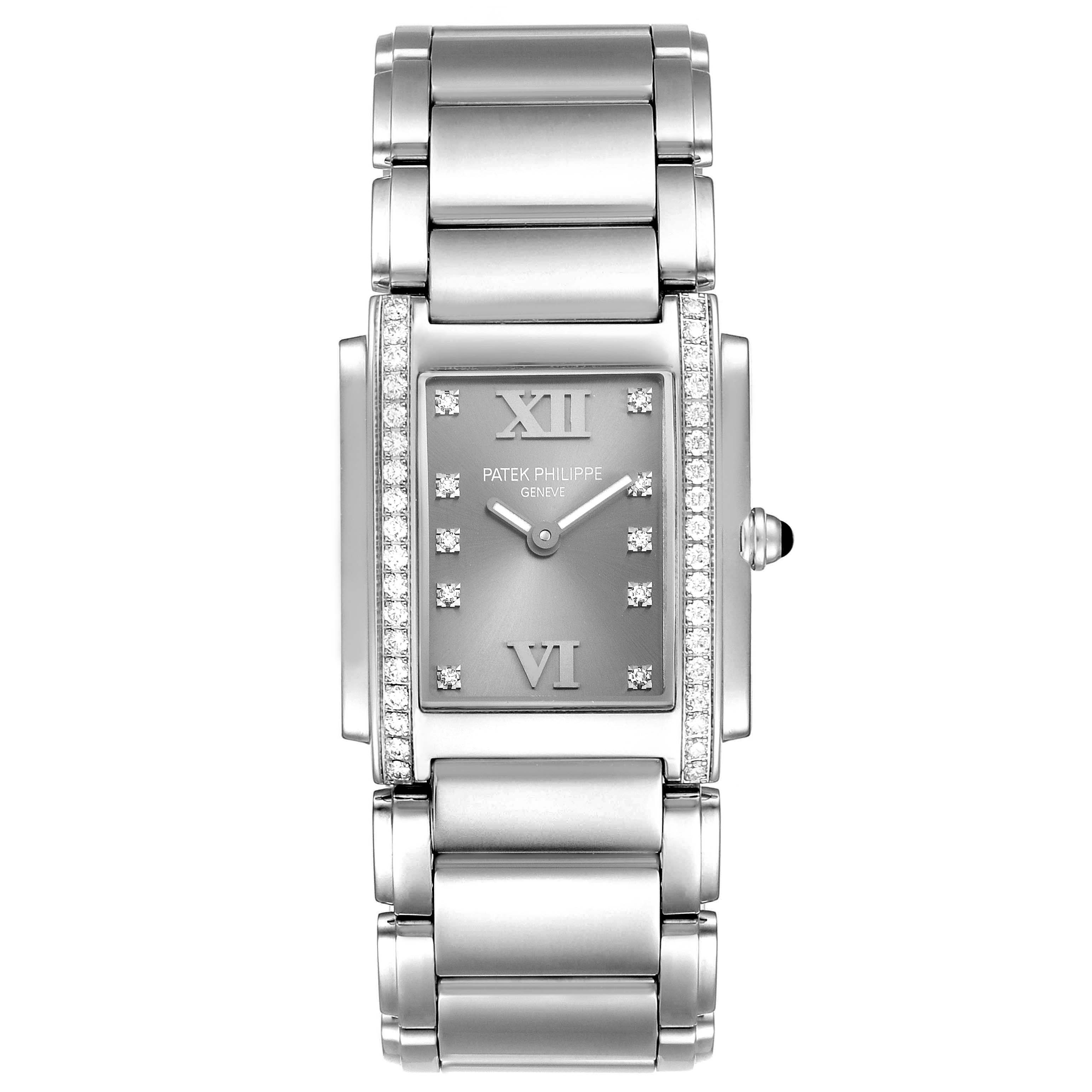 This image shows a front view of a Patek Philippe Twenty-4 4910/10A-010 Women's Stainless Steel Grey Dial 4910/10A-010 Women's Stainless Steel Grey Dial watch, highlighting the dial, Roman numerals, and diamond accents on the sides.