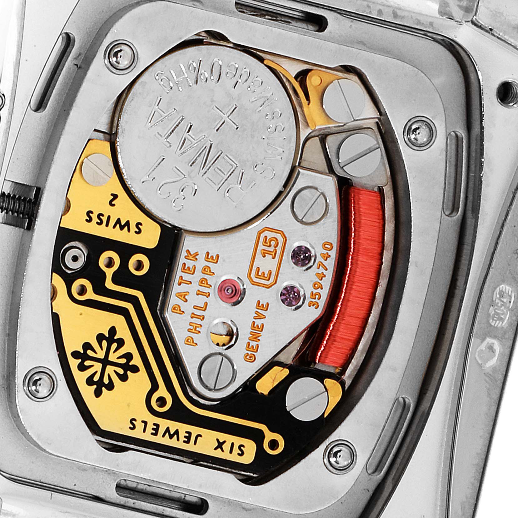 The image shows the movement and internal components of the Patek Philippe Twenty-4 4908/200G-001 Women's White Gold Grey Dial 4908/200G-001 Women's White Gold Grey Dial model from a back angle.