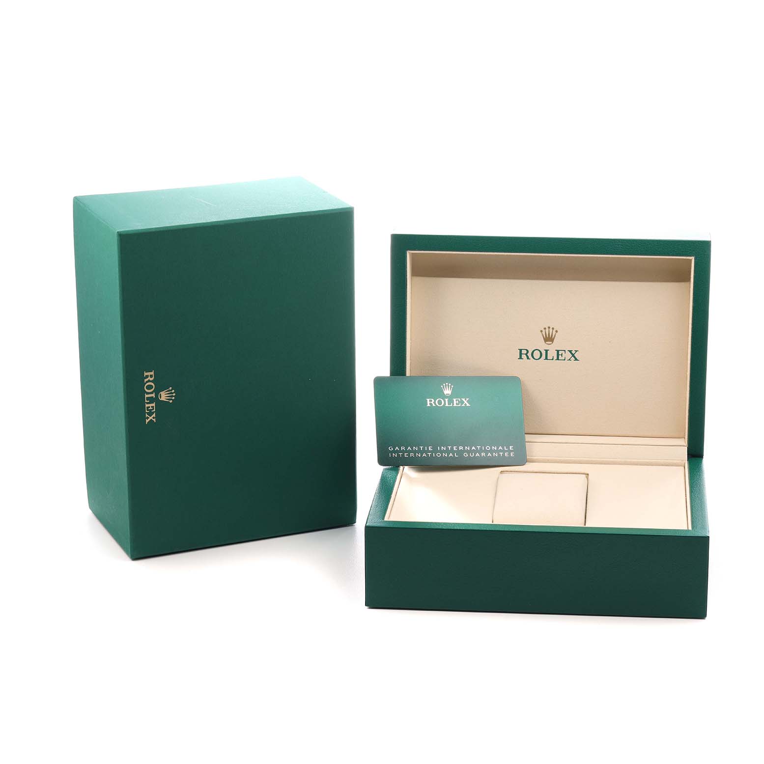 The image shows a Rolex 1908 52506 Men's Platinum Blue Dial model box with a green warranty card, displayed at a slight angle.