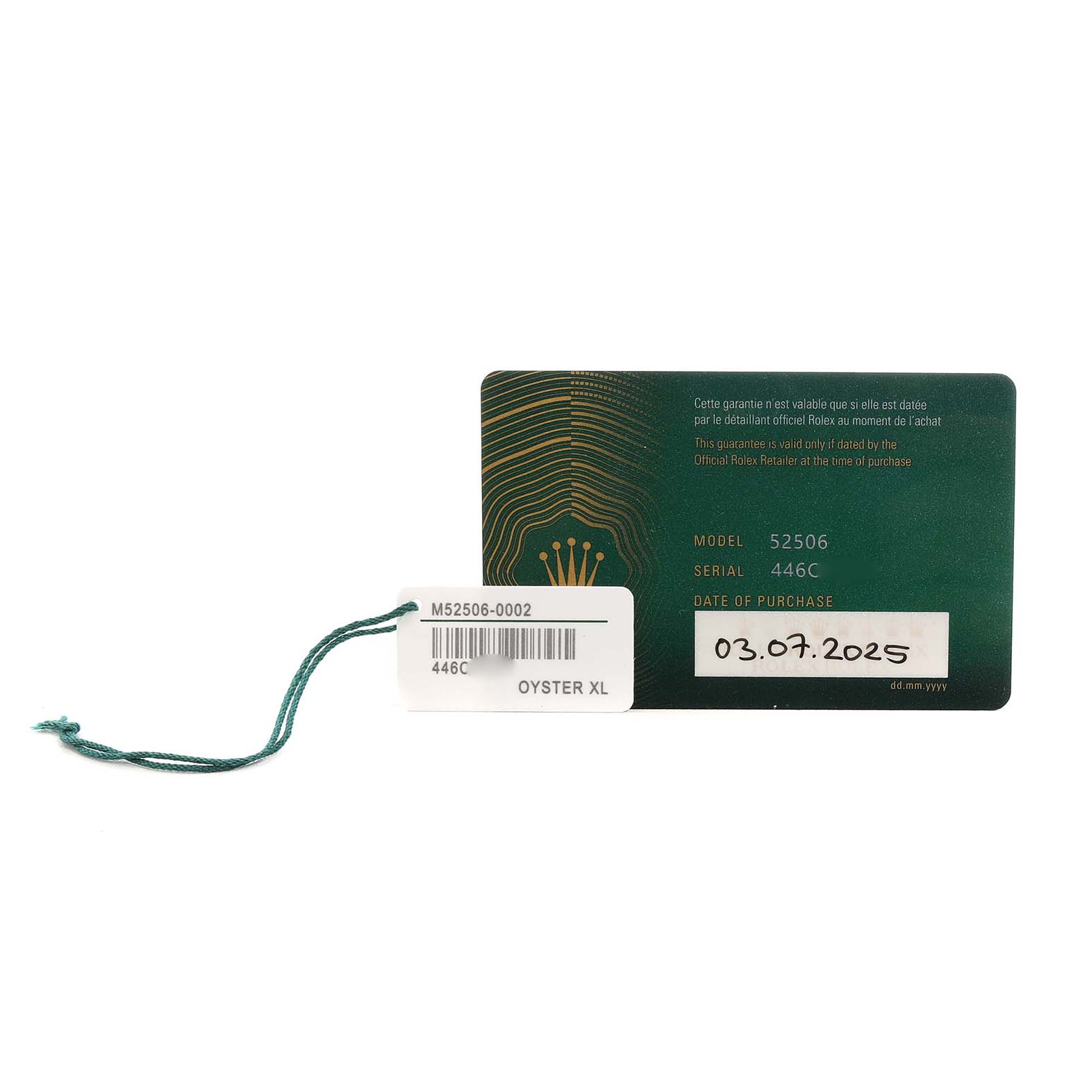 The image shows a warranty card and tag for the Rolex 1908 52506 Men's Platinum Blue Dial model.