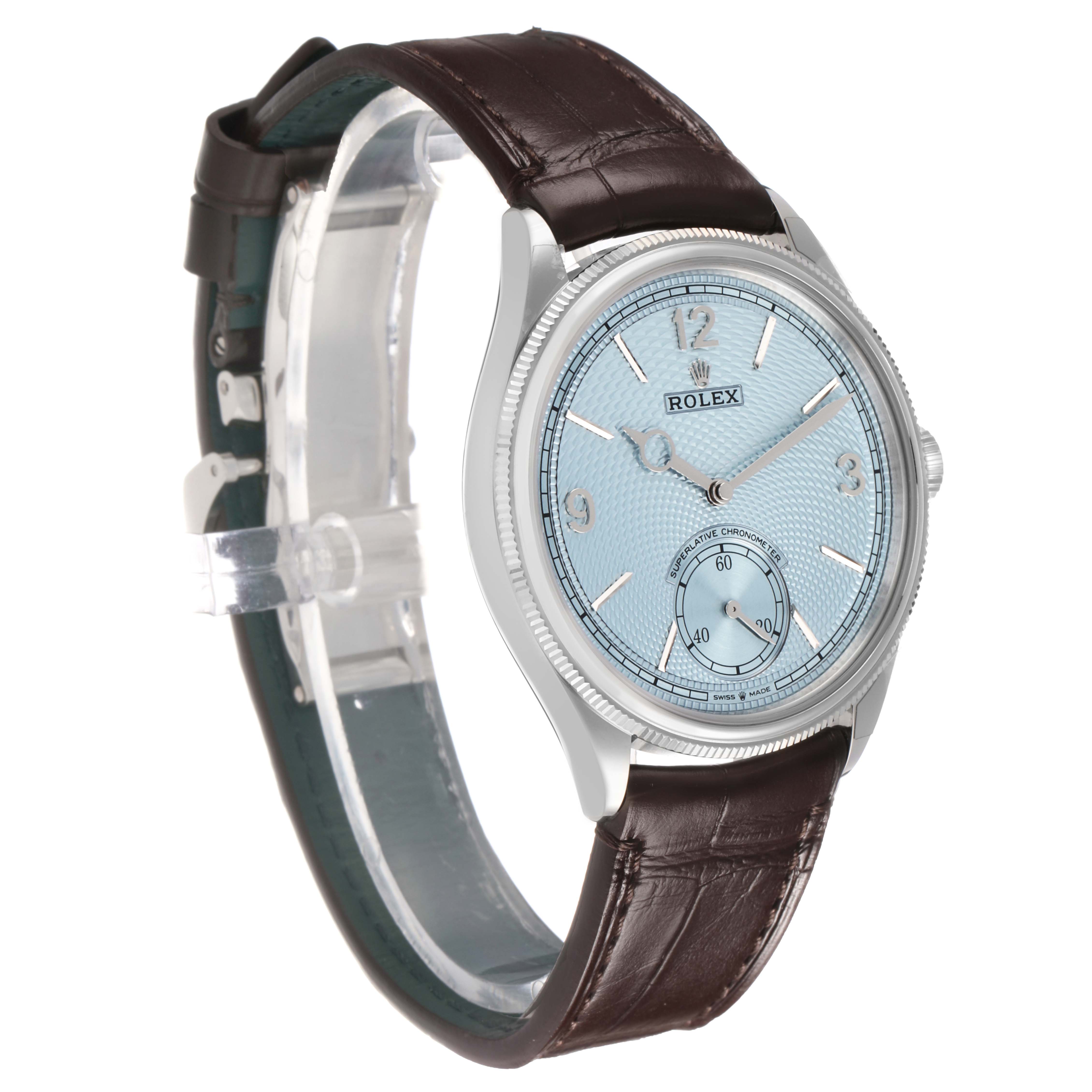The Rolex 1908 52506 Men's Platinum Blue Dial is shown at an angle displaying the face, case, crown, and leather strap clearly.