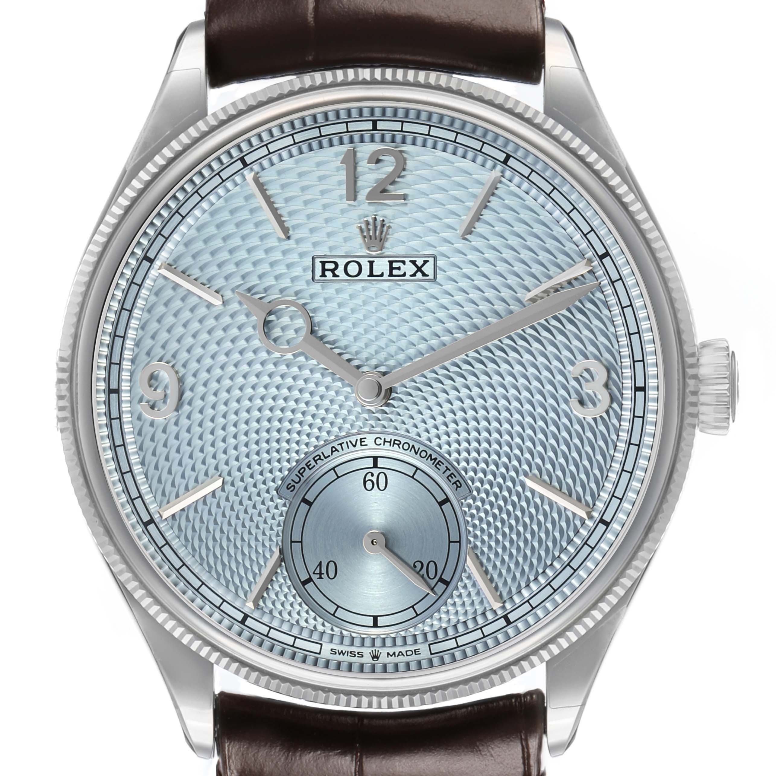 The Rolex 1908 52506 Men's Platinum Blue Dial watch is shown from a front angle, highlighting its dial, hands, subdial, and crown.
