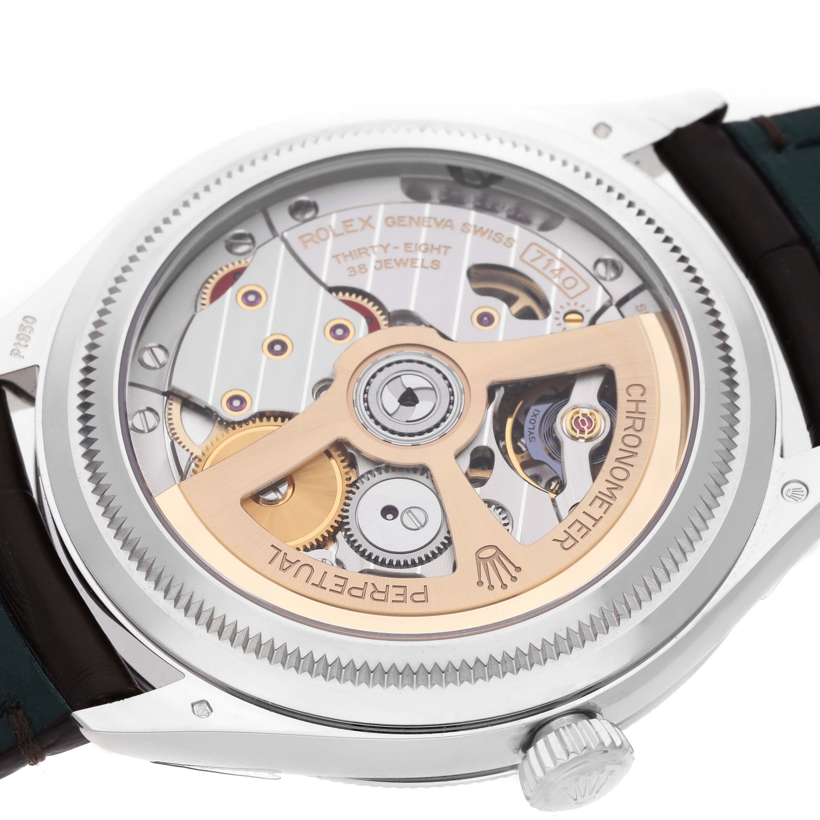 The image shows the case back of the Rolex 1908 52506 Men's Platinum Blue Dial model, revealing its intricate movement and rotor.