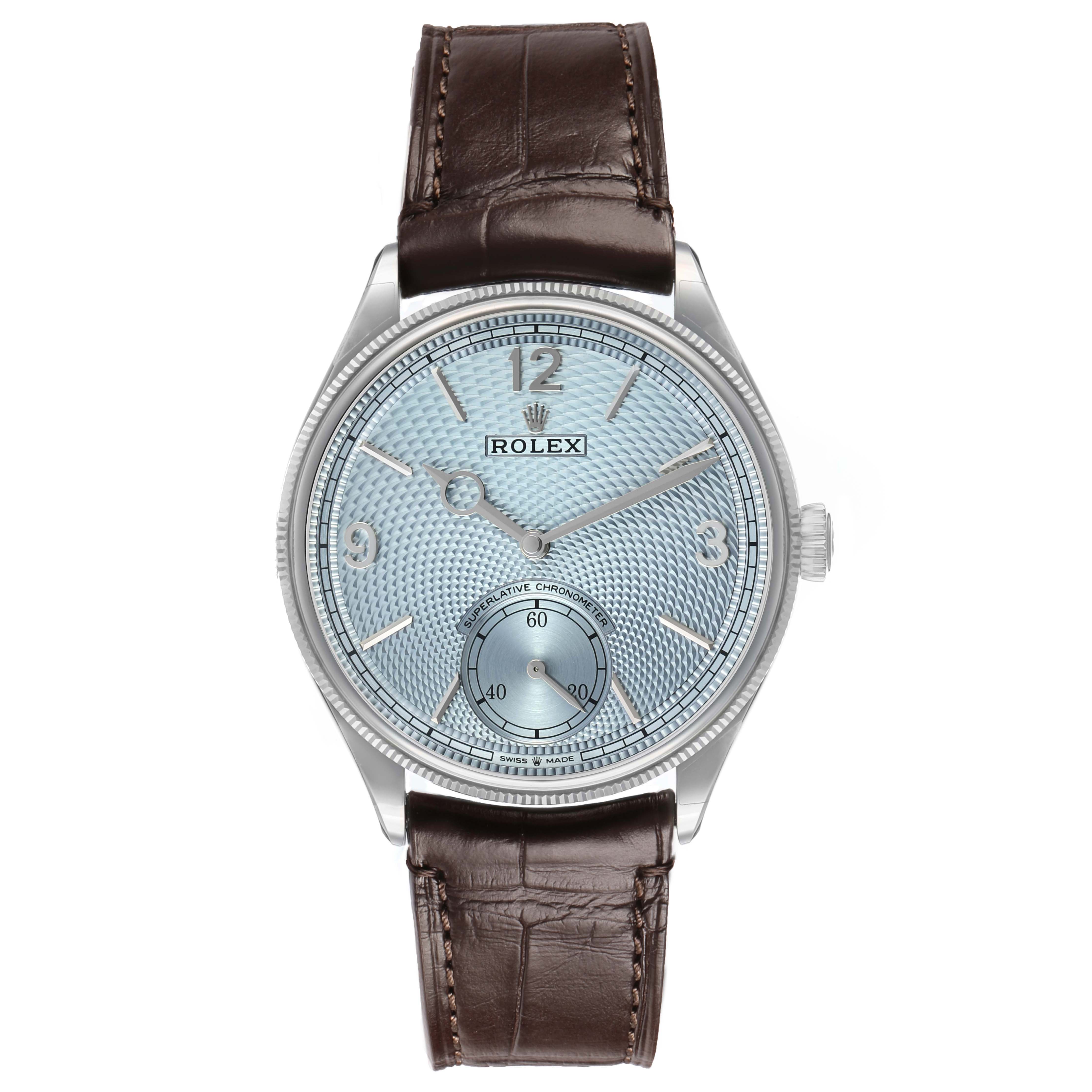 The Rolex 1908 52506 Men's Platinum Blue Dial is shown from a front angle, highlighting the dial, case, and leather strap.