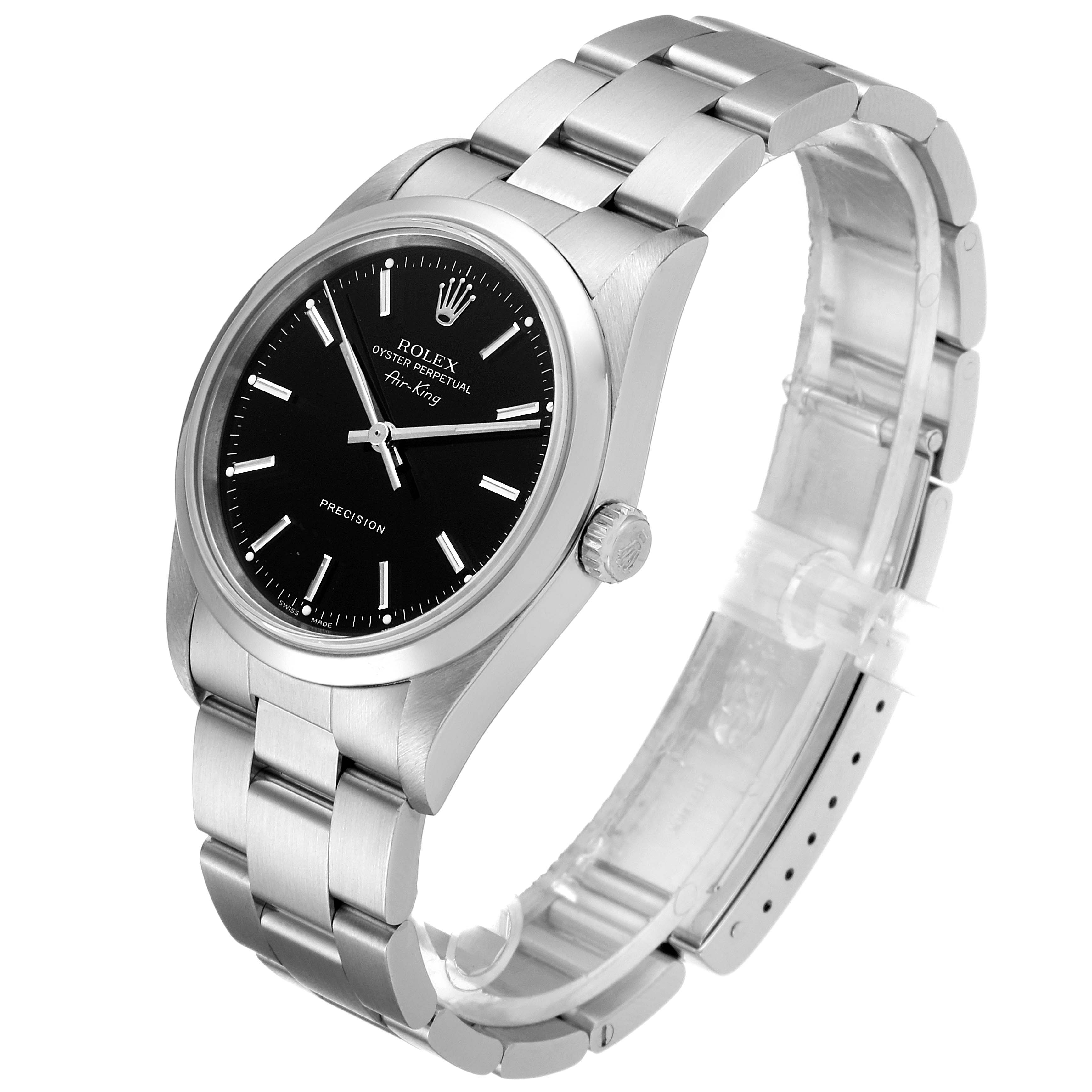 The Rolex Air-King 14000 Men's Stainless Steel Black Dial 14000 Men's Stainless Steel Black Dial watch is photographed at a 3/4 angle, showing the face, crown, and stainless steel bracelet.