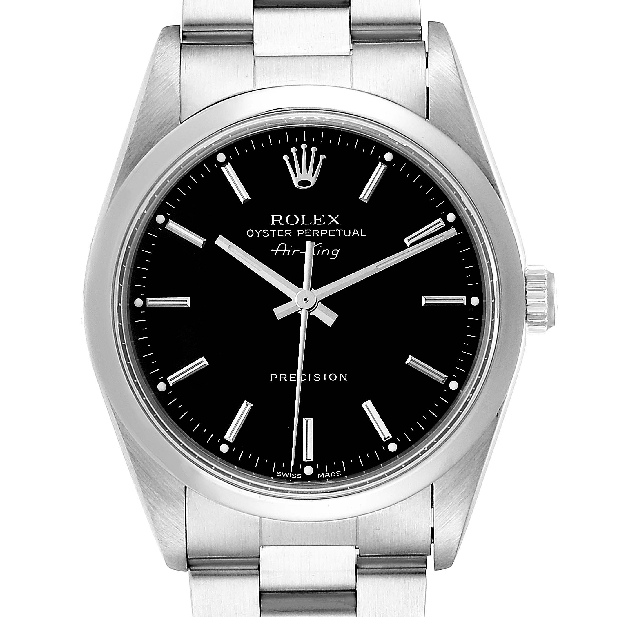 The image shows a frontal view of the Rolex Air-King 14000 Men's Stainless Steel Black Dial 14000 Men's Stainless Steel Black Dial watch, highlighting the dial, bezel, crown, and part of the bracelet.