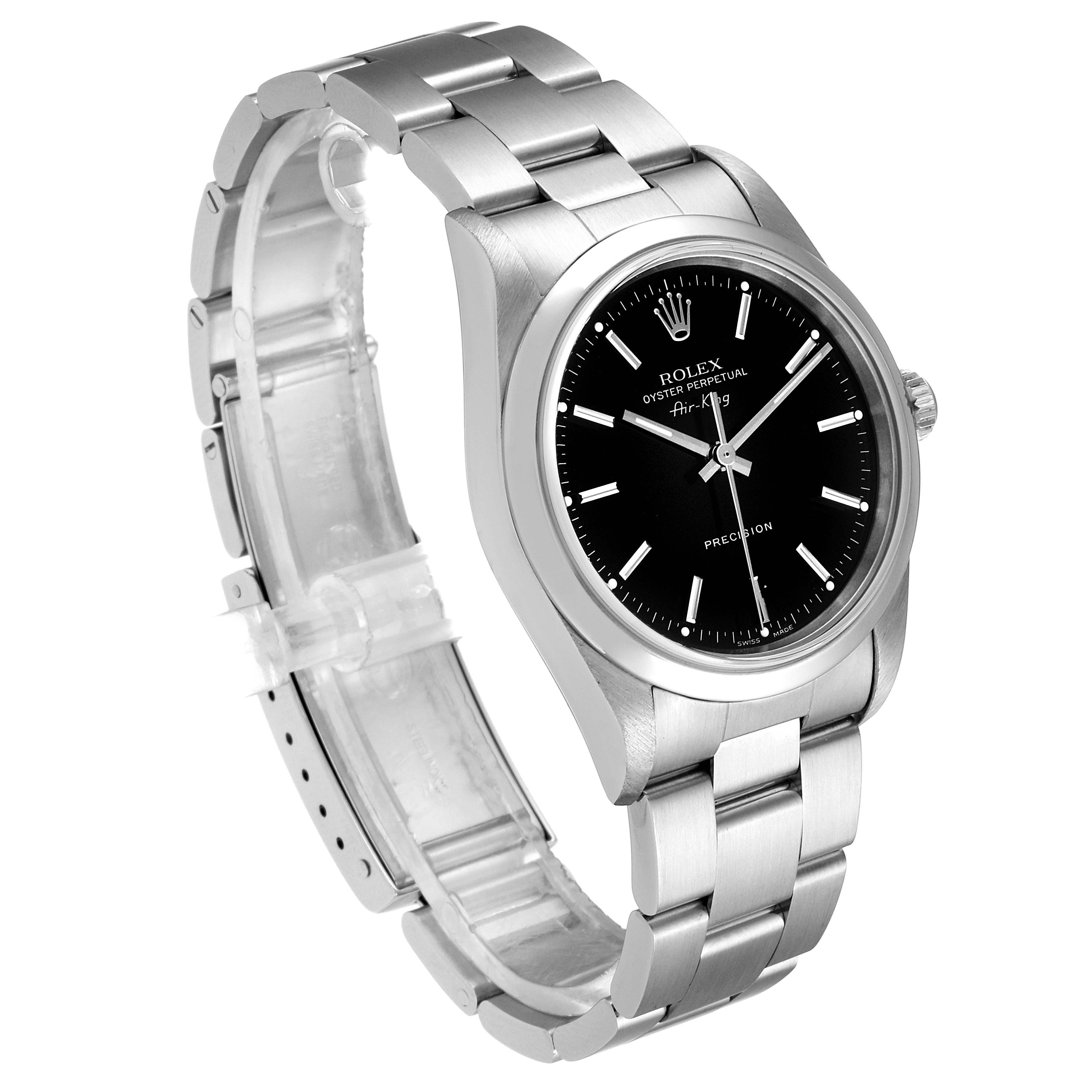 The image shows a side-angle view of the Rolex Air-King 14000 Men's Stainless Steel Black Dial 14000 Men's Stainless Steel Black Dial watch, highlighting its bracelet and black dial.