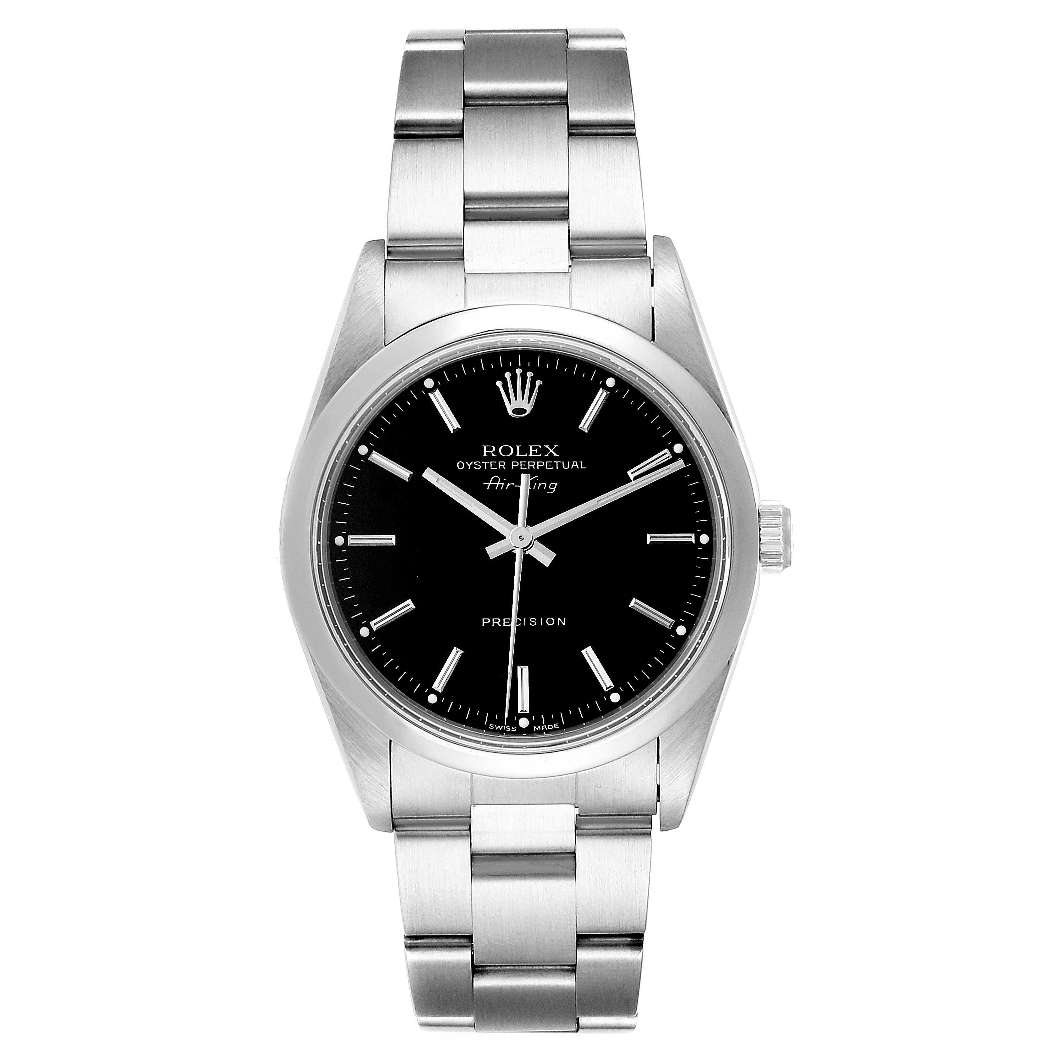 The image shows a front view of a Rolex Air-King 14000 Men's Stainless Steel Black Dial 14000 Men's Stainless Steel Black Dial watch, displaying its black dial, silver case, and stainless steel bracelet.