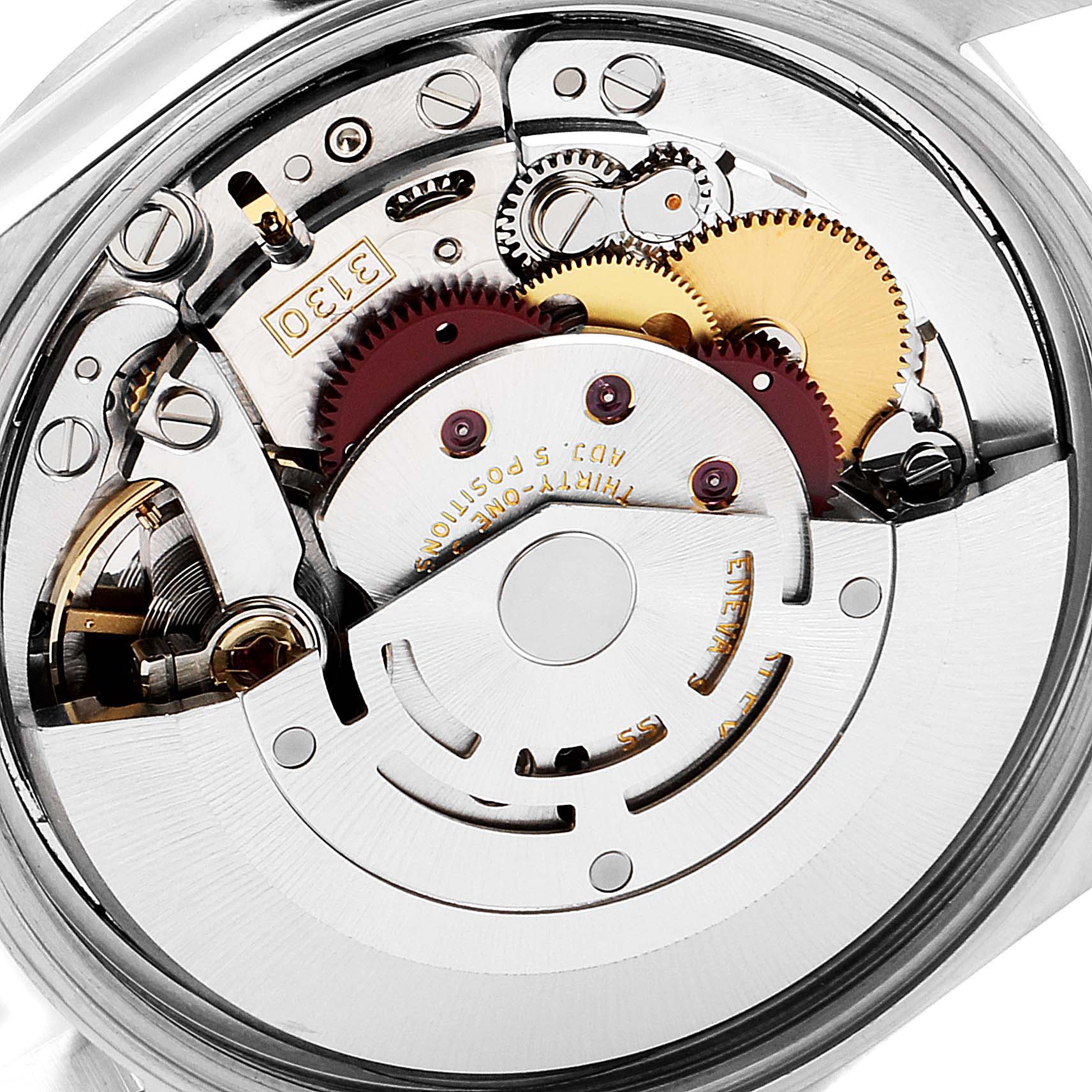 The image shows a close-up view of the internal mechanism of a Rolex Air-King 14000 Men's Stainless Steel Black Dial 14000 Men's Stainless Steel Black Dial watch, highlighting gears and the rotor.