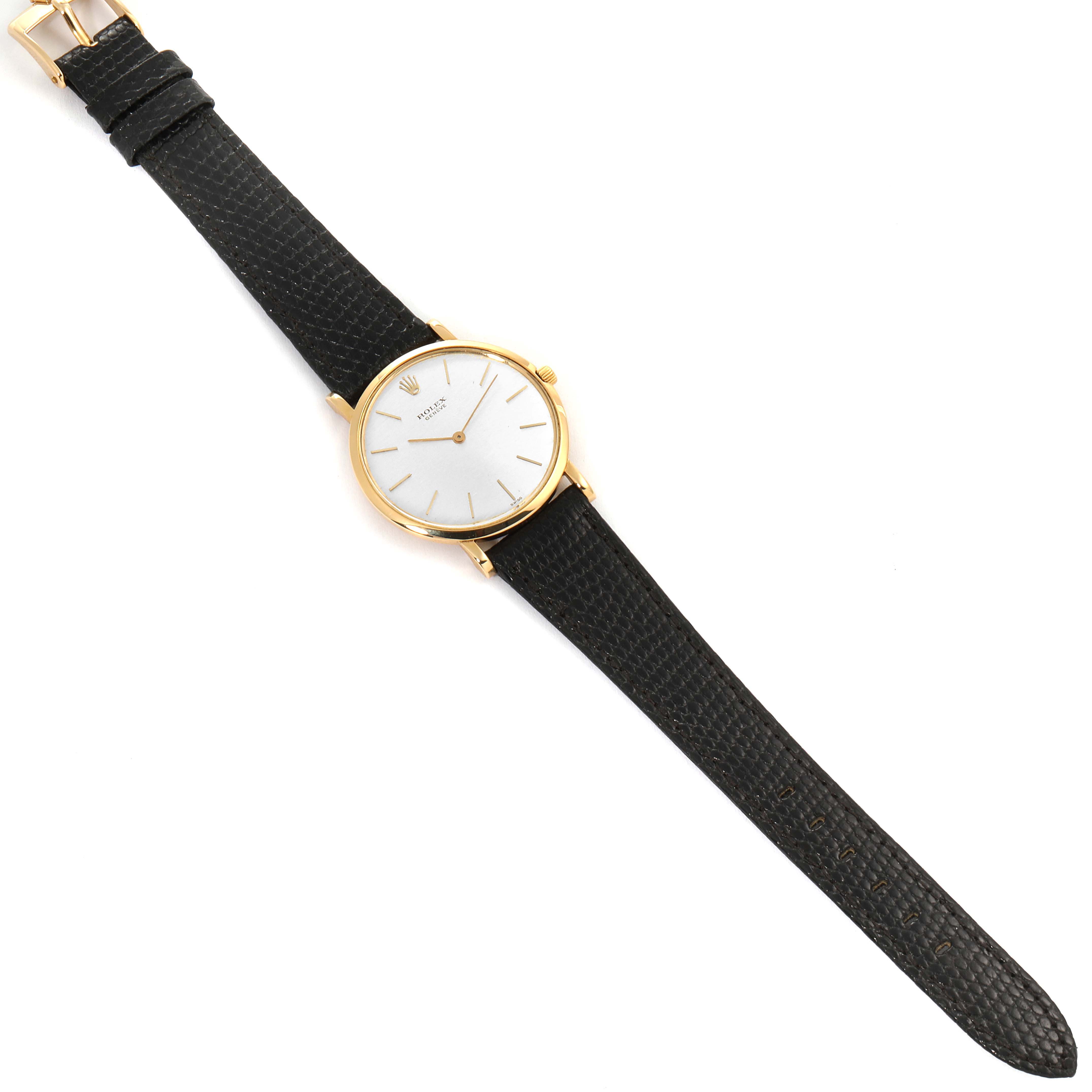 The image shows a top-down view of the Rolex Cellini 9576 Men's Yellow Gold Silver Dial 9576 Men's Yellow Gold Silver Dial watch with a black leather strap and gold casing.